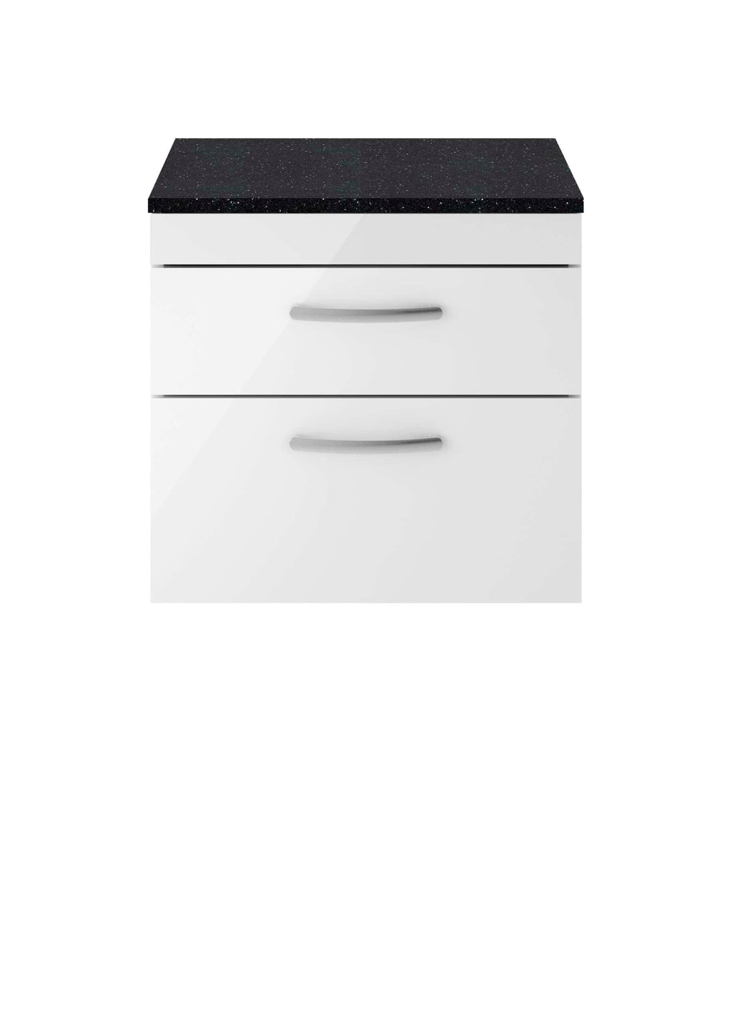 Smooth white bathroom cabinet with black granite countertop, featuring two drawers with sleek silver handles, ideal for modern bathroom storage solutions.