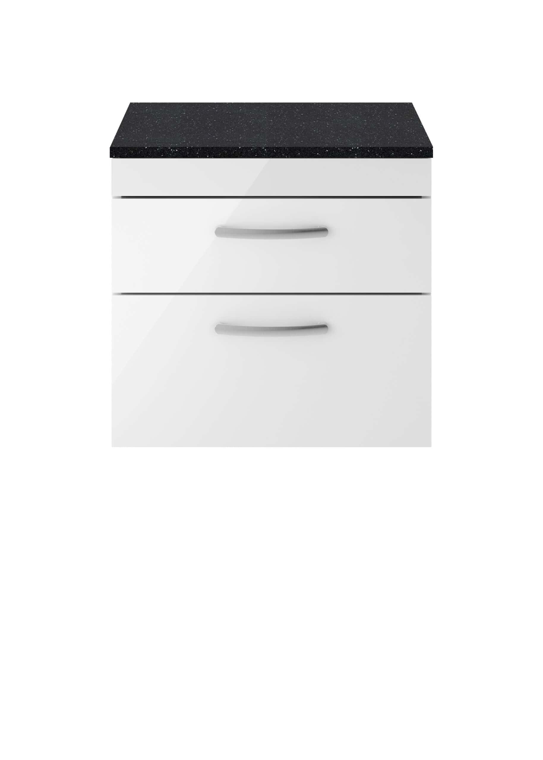 Smooth white bathroom cabinet with black granite countertop, featuring two drawers with sleek silver handles, ideal for modern bathroom storage solutions.