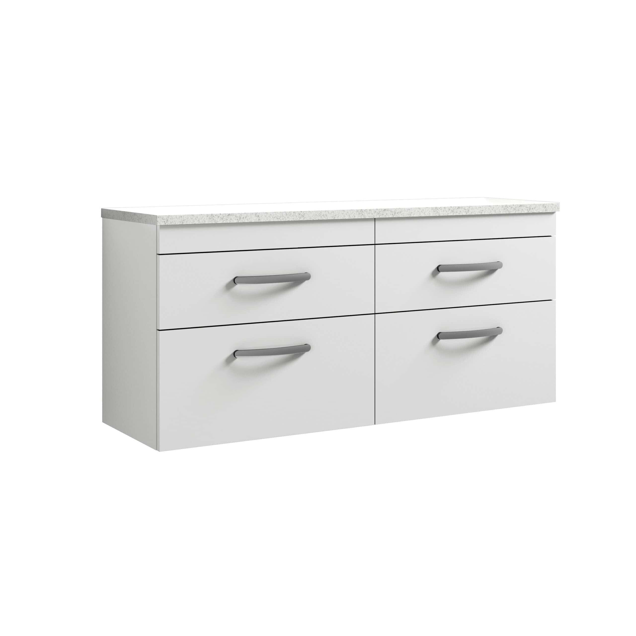 Modern white bathroom vanity unit with grey handles and a durable white countertop, ideal for contemporary bathroom storage solutions.