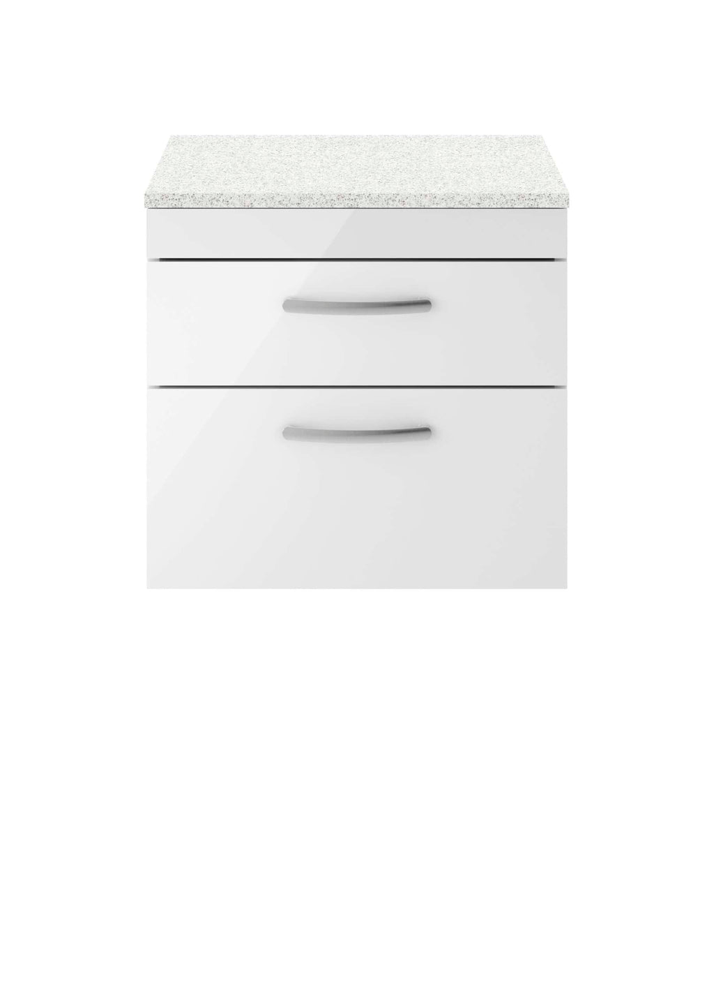 White bathroom cabinet with two drawers and grey handles, topped with a granite countertop, ideal for modern bathroom storage solutions.