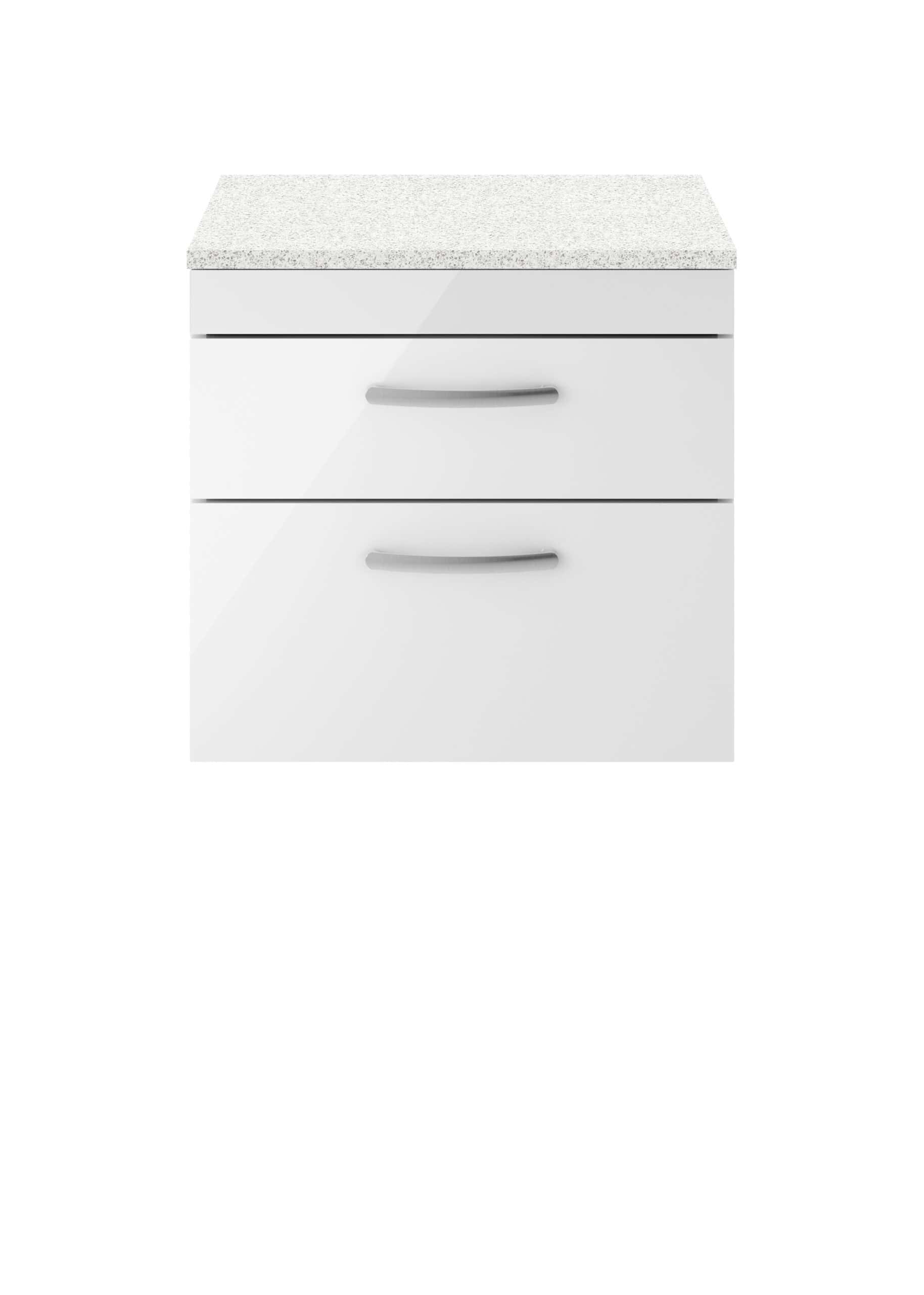 White bathroom cabinet with two drawers and grey handles, topped with a granite countertop, ideal for modern bathroom storage solutions.
