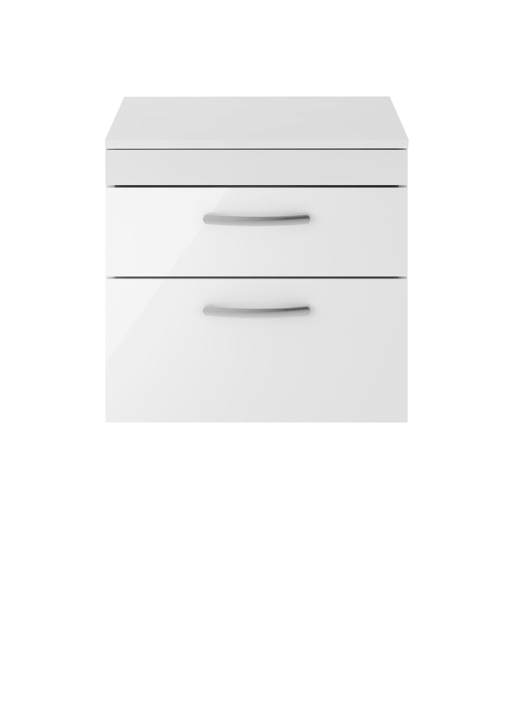 White bathroom storage cabinet with two drawers and modern grey handles, ideal for bathroom organisation and decor.