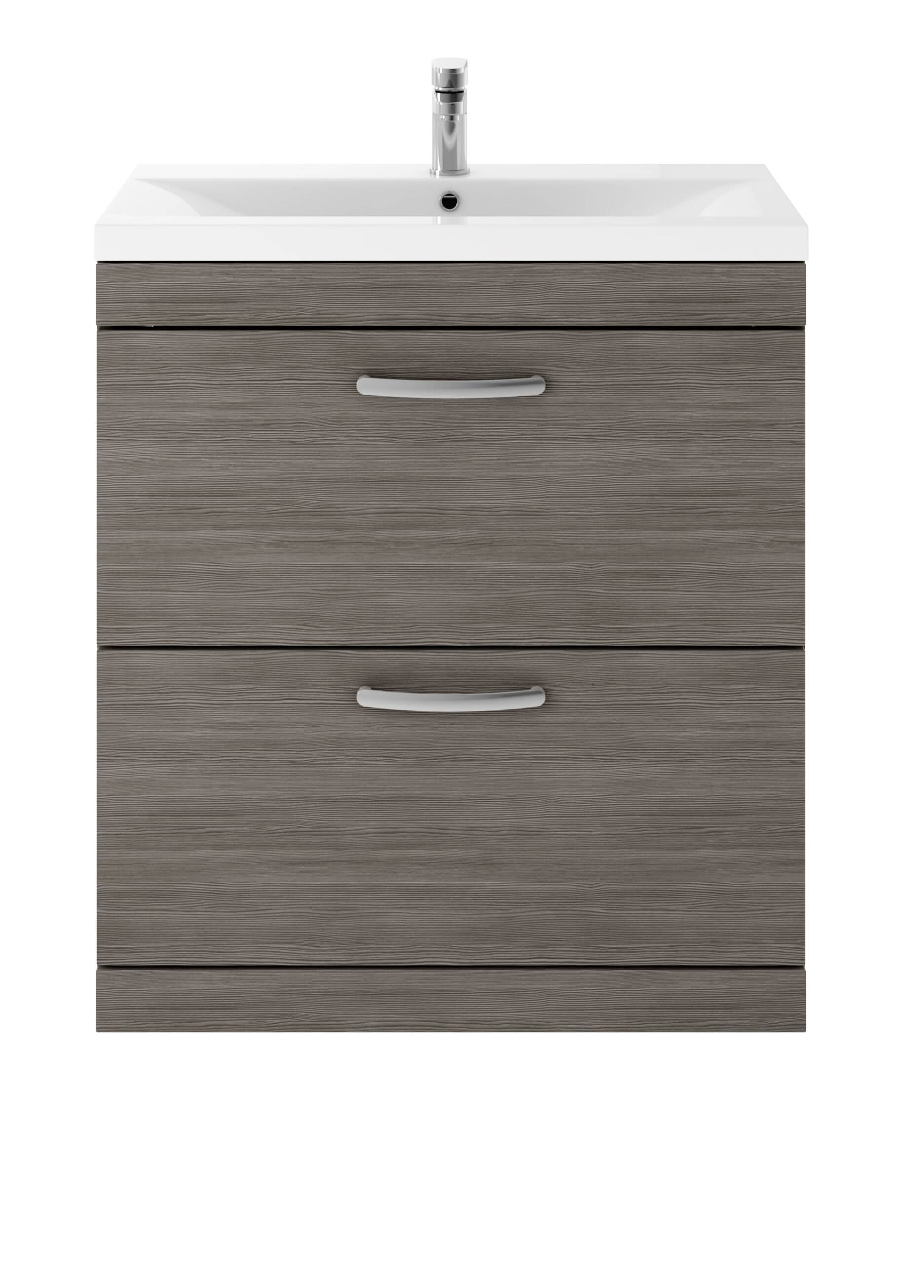 Wood-effect bathroom vanity unit with integrated sink and chrome handles for modern bathroom design.