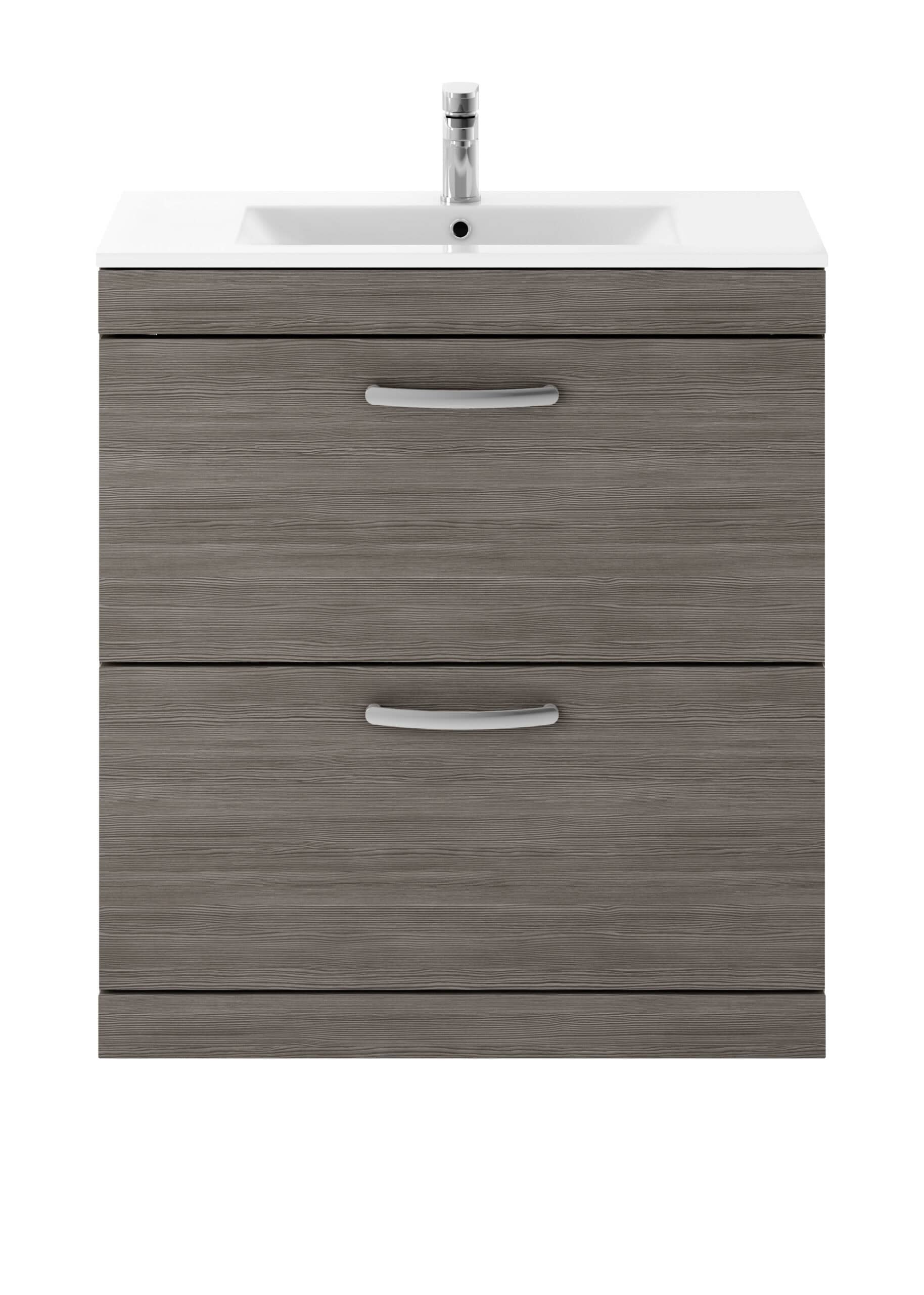 Sleek modern bathroom vanity unit with integrated sink, featuring a wood grain finish and ample storage drawers, ideal for contemporary bathroom decor.