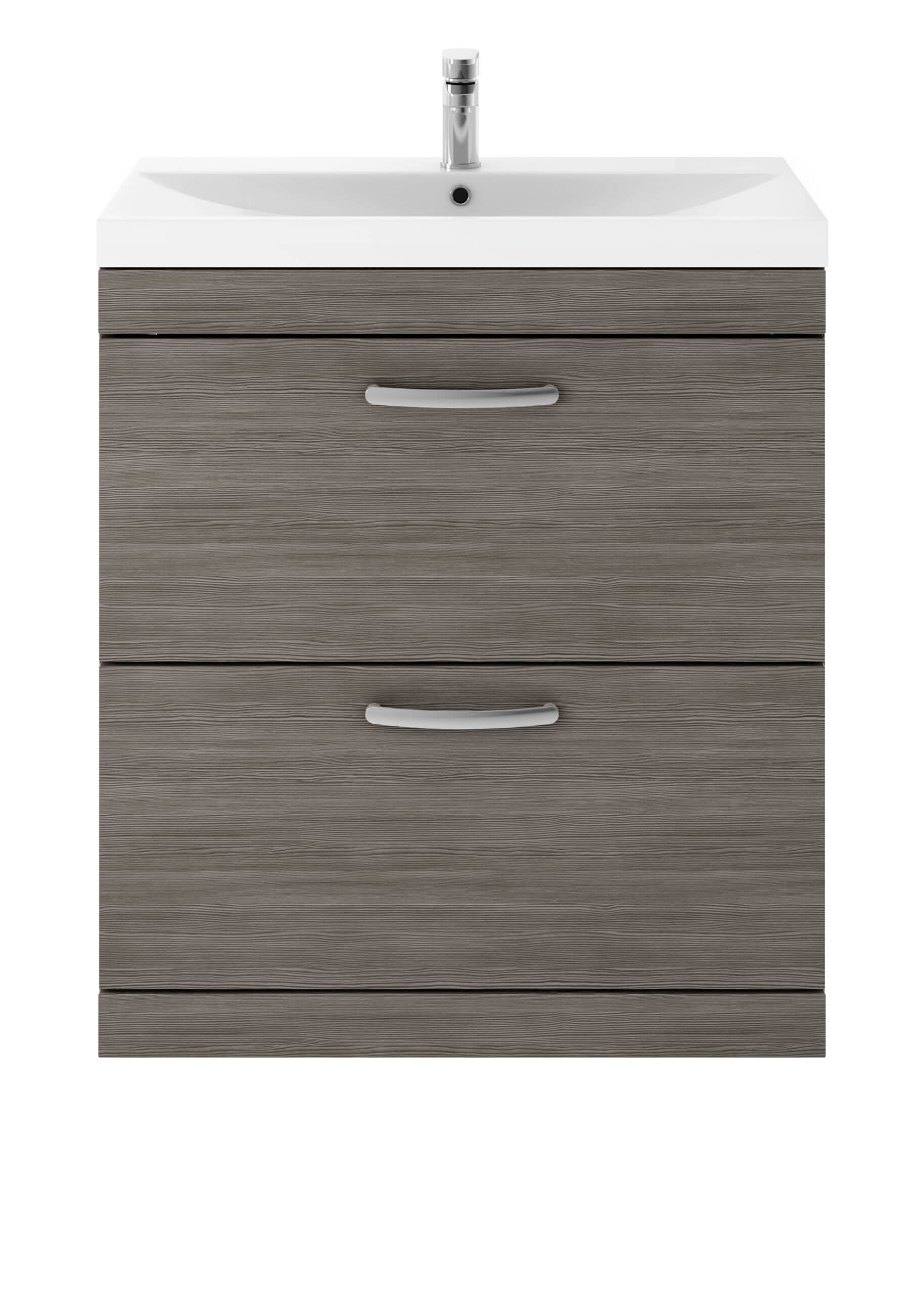 Modern bathroom vanity unit with wood effect finish and white basin, featuring sleek silver handles and storage drawers for bathroom organisation.