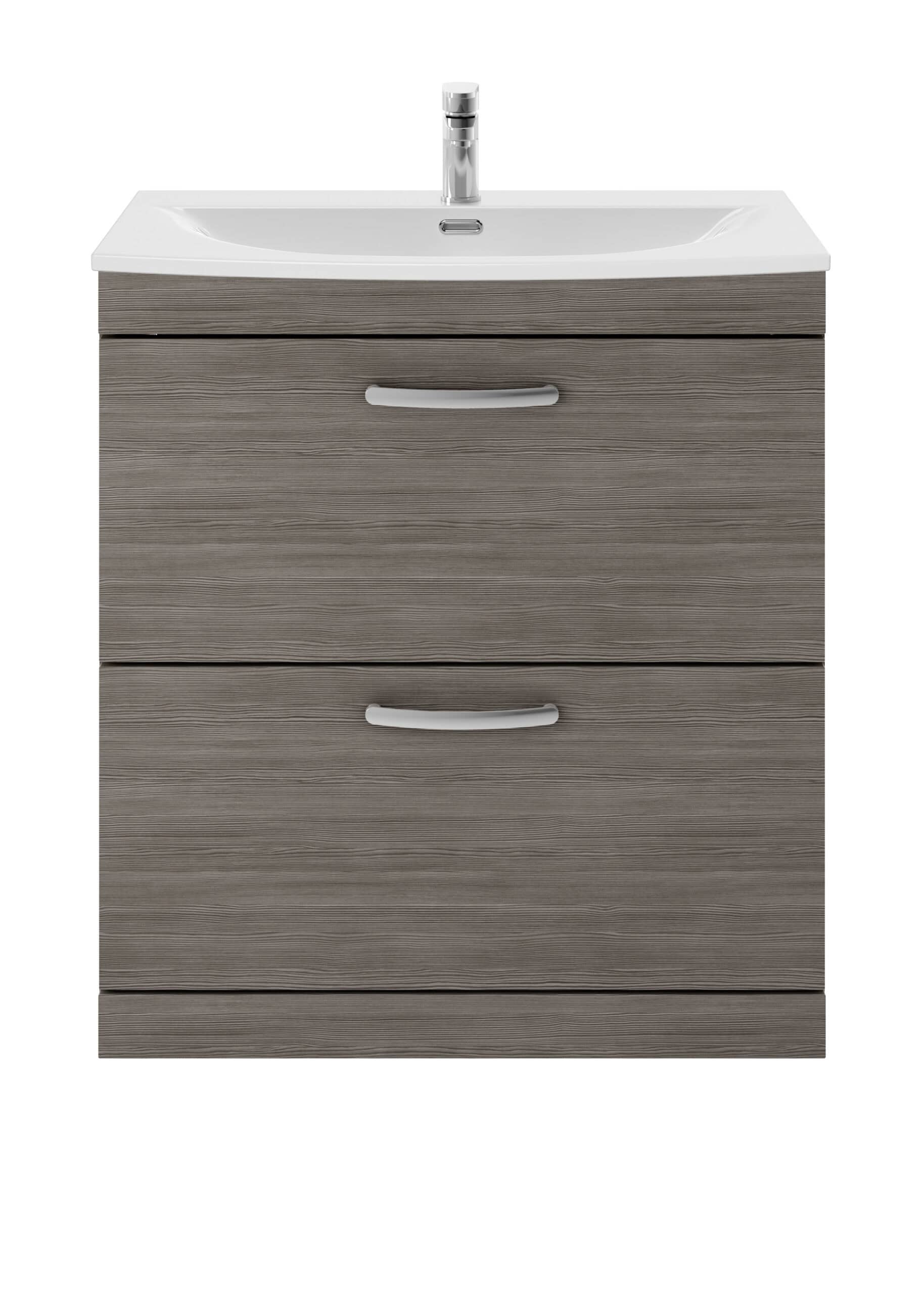 Sleek brown bathroom vanity unit with integrated sink and modern silver handles, designed for practical and stylish bathroom storage solutions.