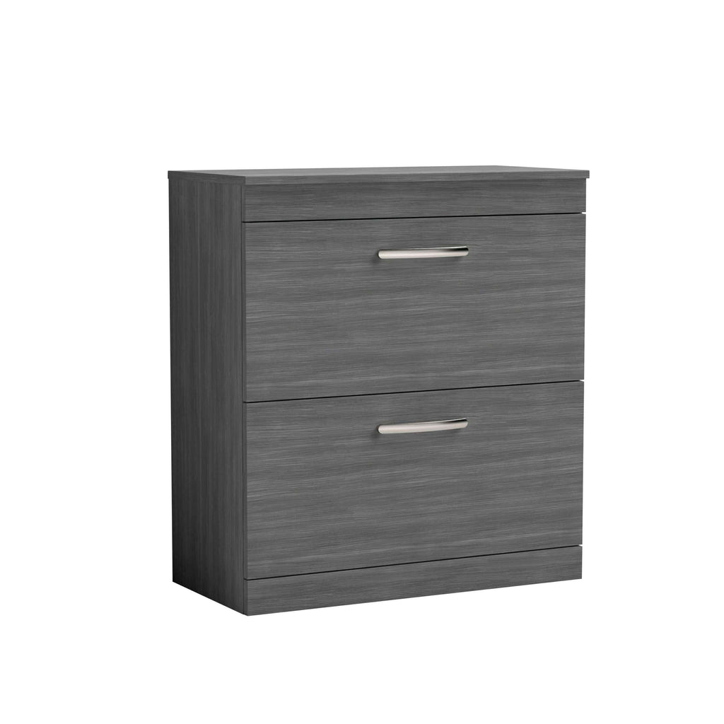Contemporary grey wooden bathroom cabinet with dual drawers and sleek metal handles, ideal for bathroom storage and organisation. Perfect for modern bathroom interiors.