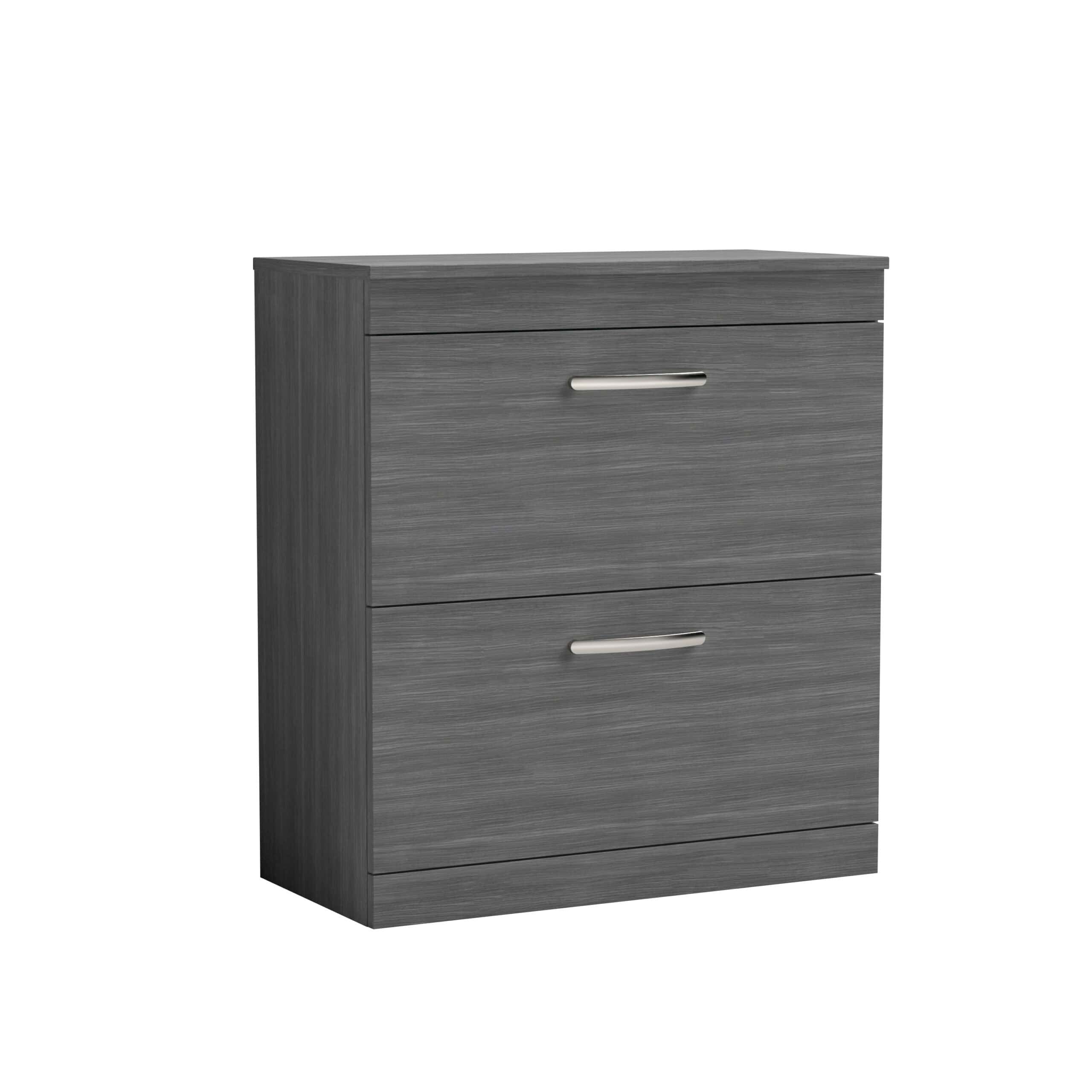 Contemporary grey wooden bathroom cabinet with dual drawers and sleek metal handles, ideal for bathroom storage and organisation. Perfect for modern bathroom interiors.