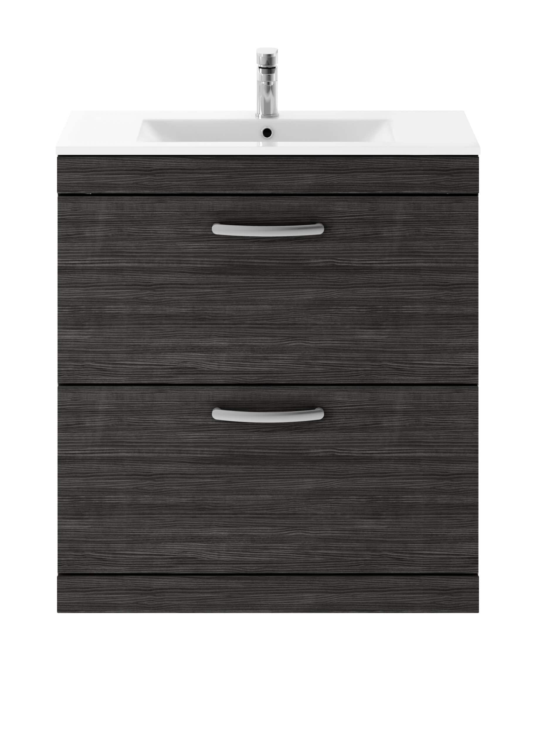 Stylish bathroom vanity unit with a dark wood finish and integrated sink, ideal for modern bathrooms and maximising space. Durable storage solution with sleek chrome handles.