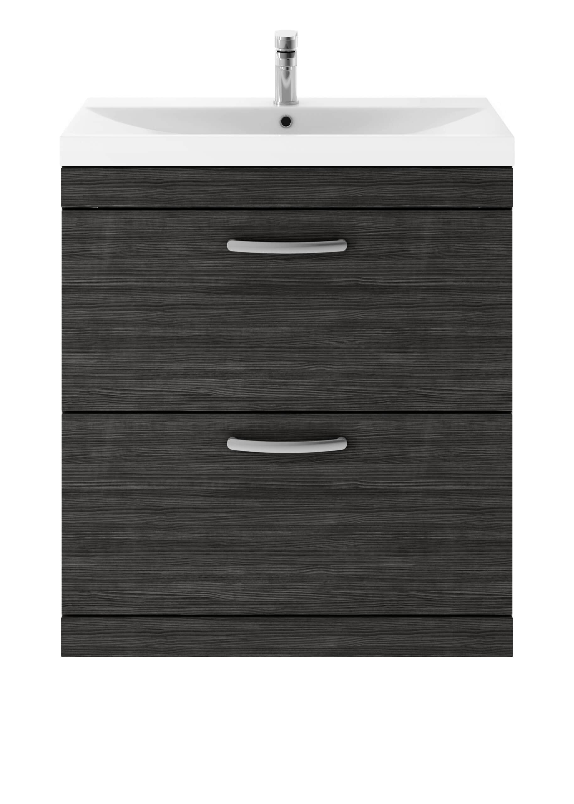 Wooden bathroom vanity unit with integrated sink and chrome tap, modern bathroom furniture from Bubly Bathrooms.