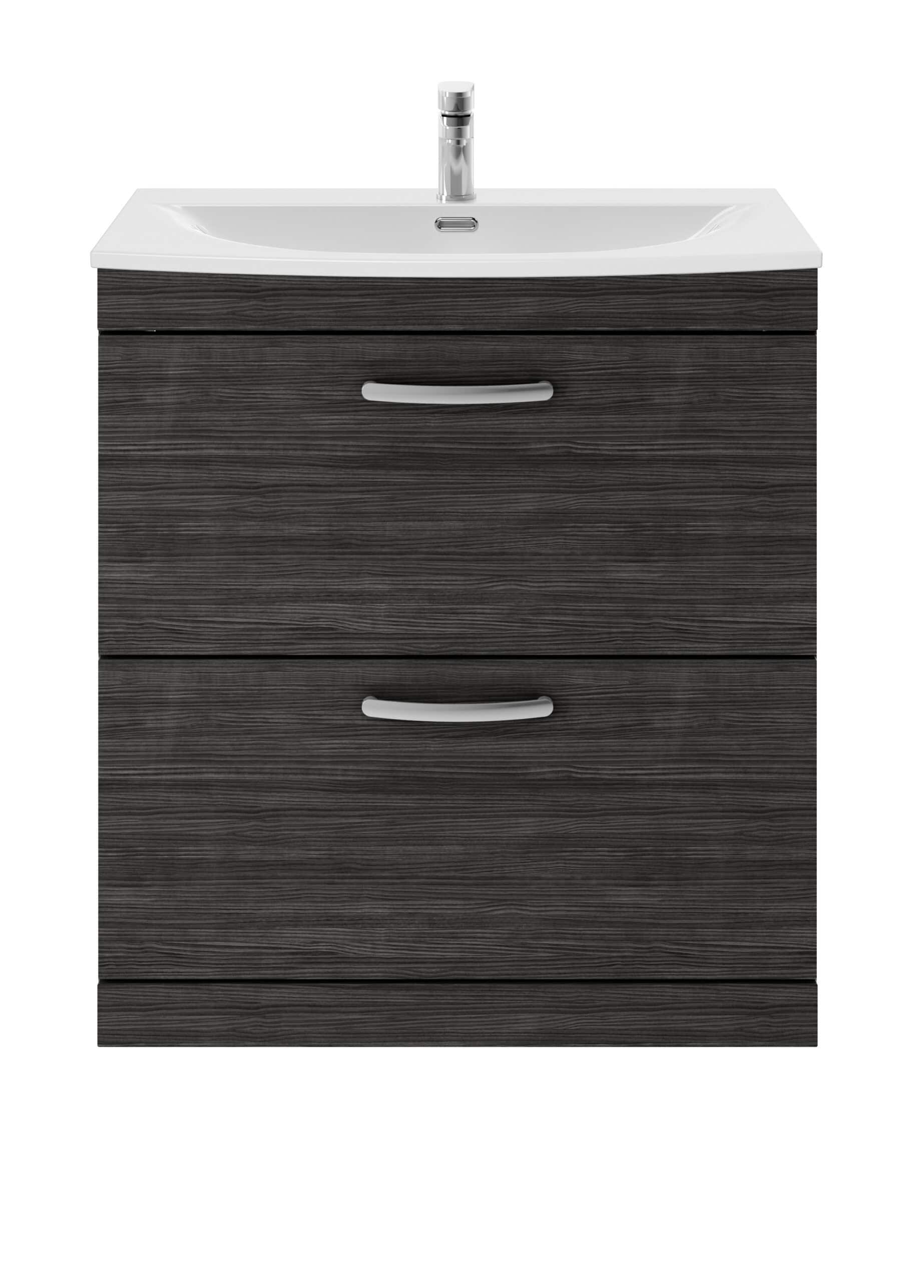 Modern bathroom vanity unit with a built-in white ceramic sink, dark wood finish, and sleek silver handles, ideal for contemporary bathrooms.