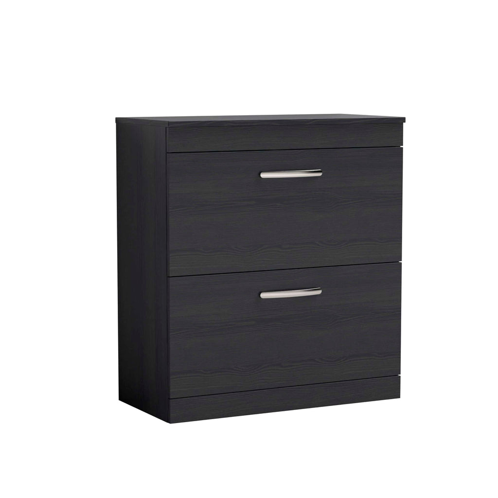 Stylish black bathroom storage cabinet with sleek silver handles, perfect for organising toiletries and bathroom essentials, enhancing modern bathroom decor.