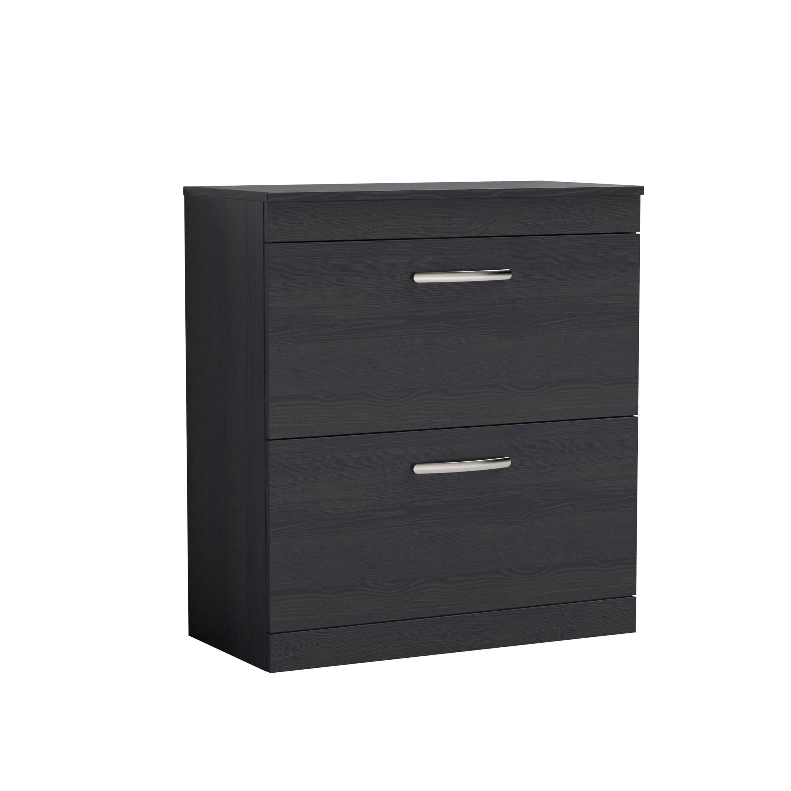 Stylish black bathroom storage cabinet with sleek silver handles, perfect for organising toiletries and bathroom essentials, enhancing modern bathroom decor.