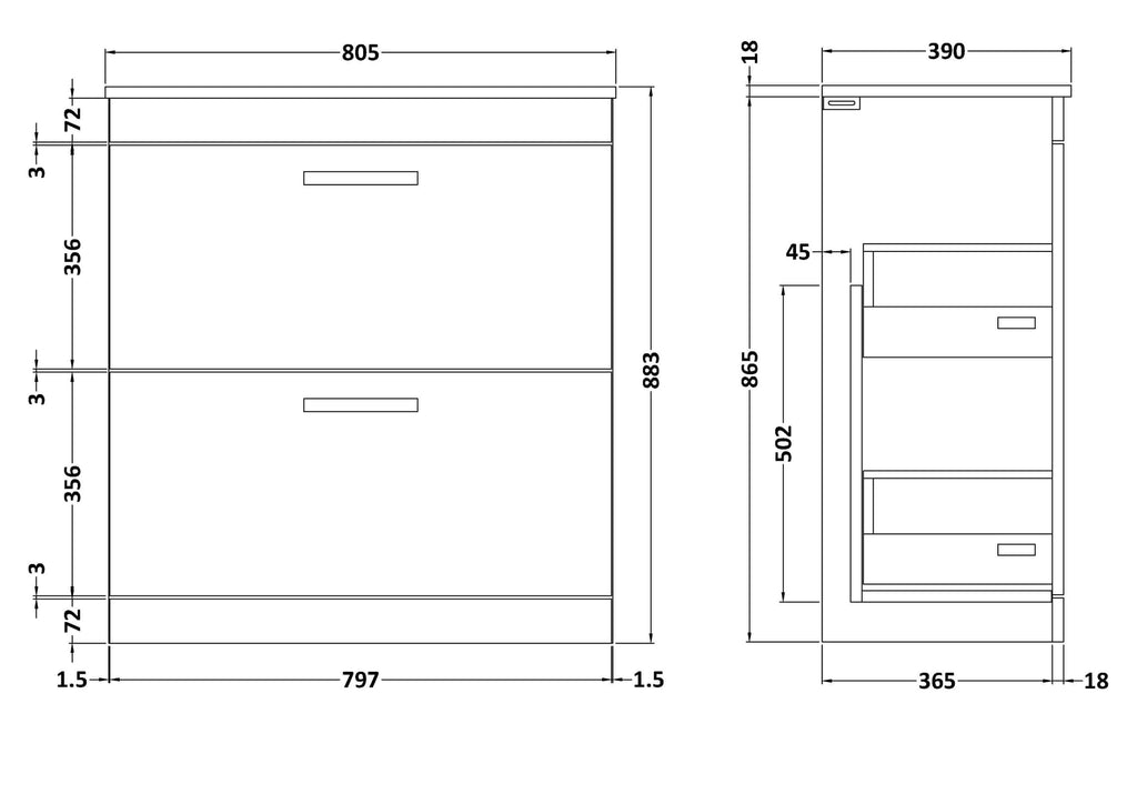 Elegant bathroom vanity unit with sleek drawer storage, modern design, and durable finish, perfect for contemporary bathrooms. Dimensions: 805mm wide, 365mm deep, 883mm tall.