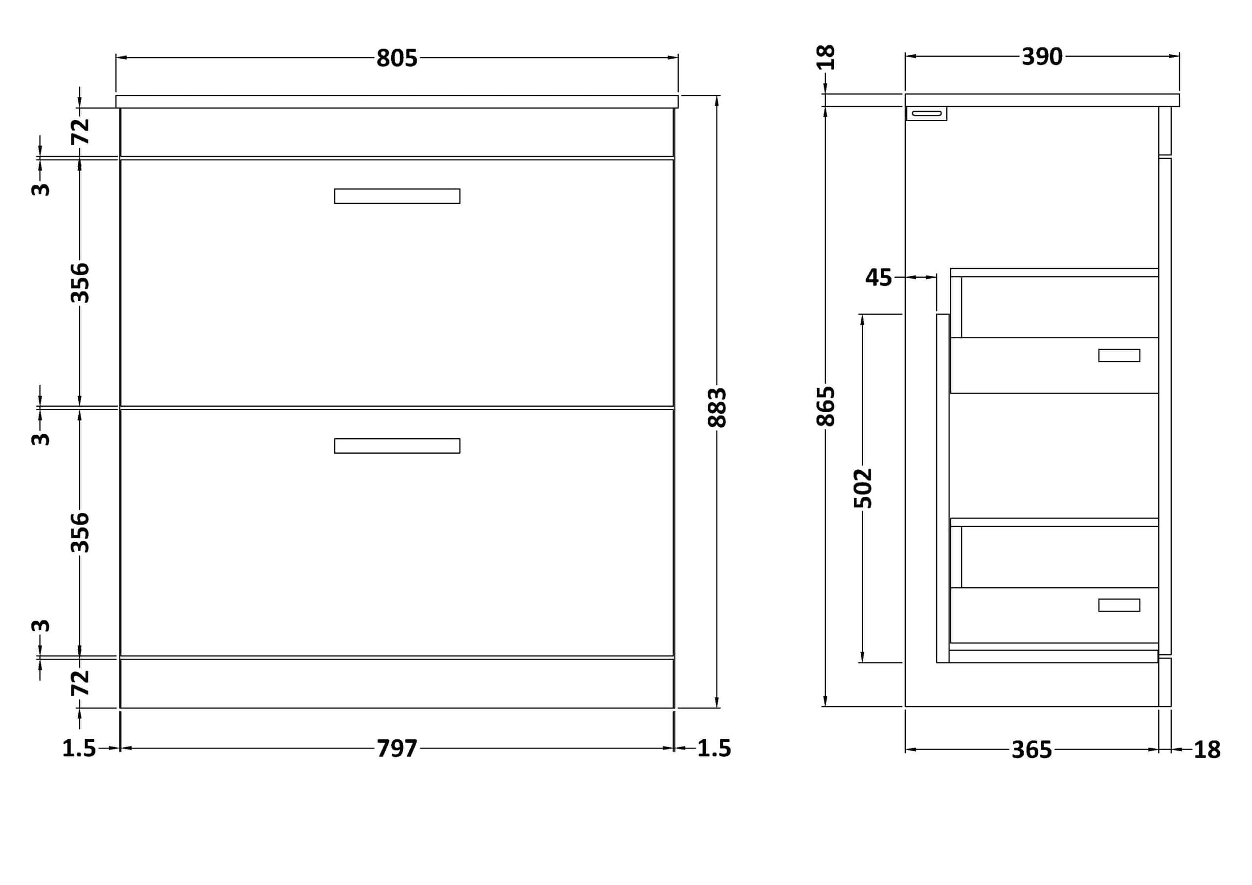 Elegant bathroom vanity unit with sleek drawer storage, modern design, and durable finish, perfect for contemporary bathrooms. Dimensions: 805mm wide, 365mm deep, 883mm tall.