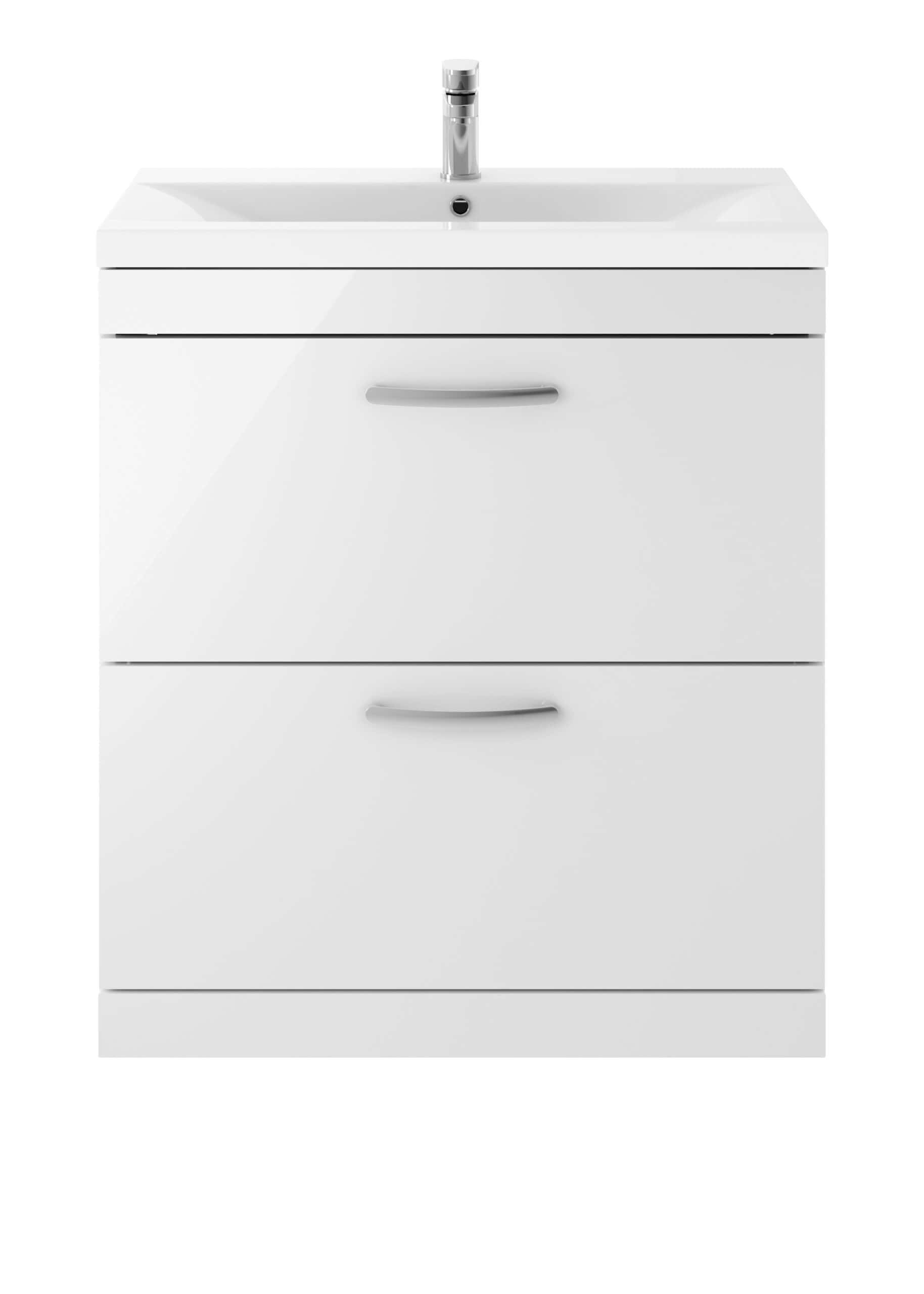 Modern white bathroom vanity with integrated sink and sleek silver handles, perfect for contemporary bathroom design and plumbing upgrades.