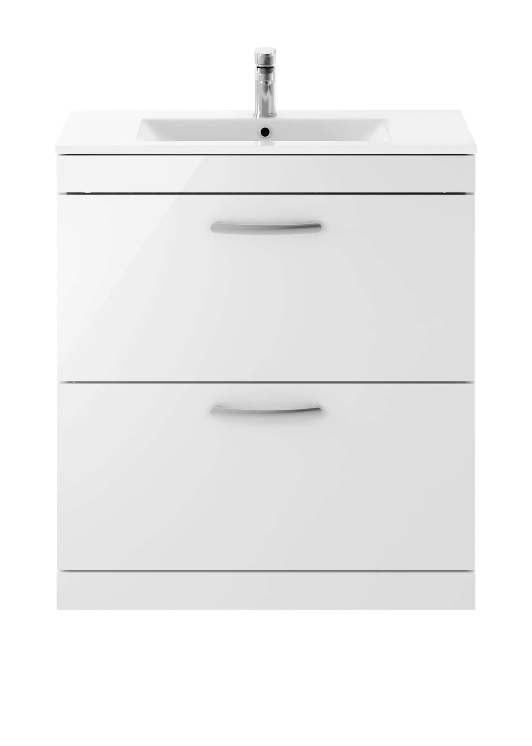 Modern white bathroom vanity with integrated sink, chrome faucet, and storage drawers, offering functional and stylish bathroom storage solutions.