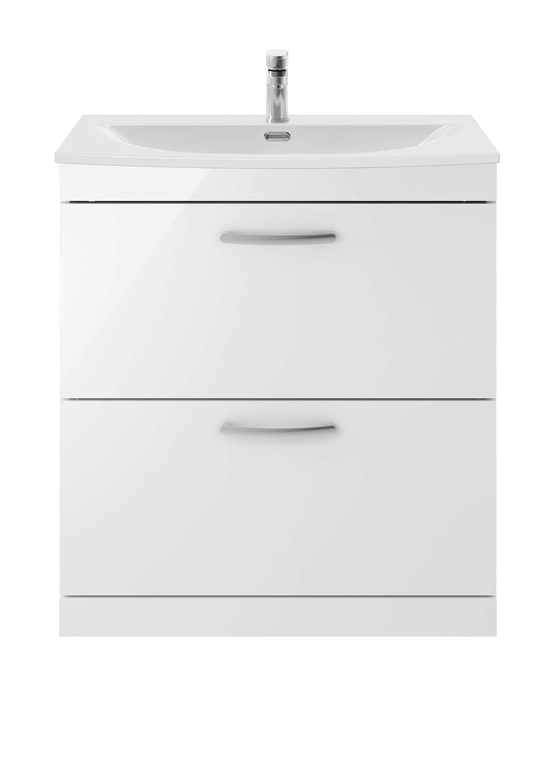 Modern white bathroom vanity with integrated sink and storage drawers, ideal for contemporary bathroom designs. Perfect for organising bathroom essentials and adding a sleek, minimalistic touch.