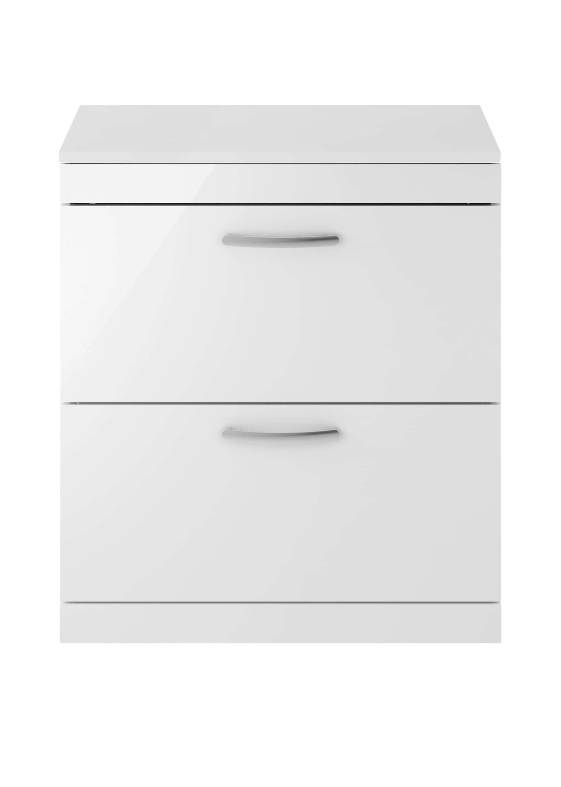 Sleek white bathroom cabinet with two drawers, modern design, storage solution for bathrooms, high-quality finish, ideal for organising toiletries and bathroom essentials.