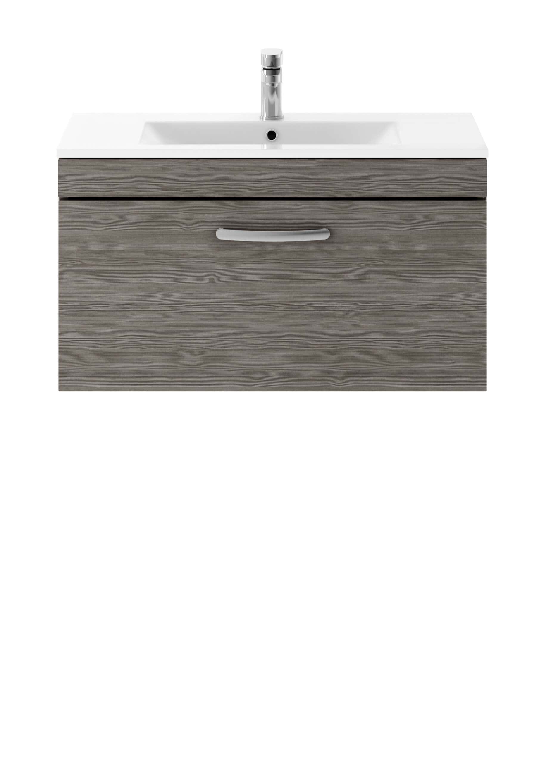Vanity unit with undermount sink and modern grey wood finish, ideal for contemporary bathroom design. Durable cabinetry with a sleek handle, perfect for stylish bathroom storage solutions.