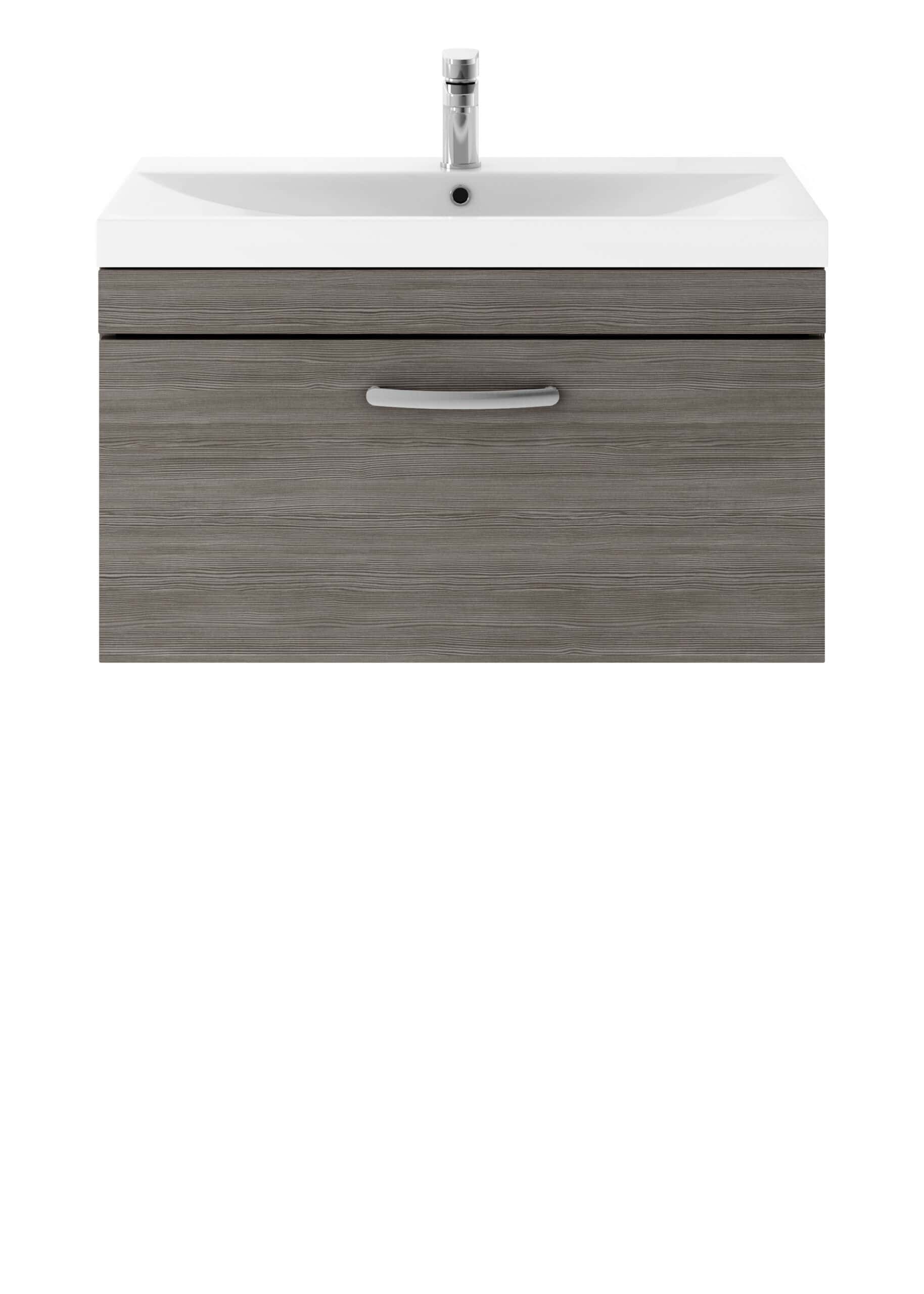 Modern bathroom vanity with a sleek woodgrain finish and integrated sink, ideal for contemporary bathroom designs. Features a minimalist handle and chrome tap, perfect for bathroom renovation projects.