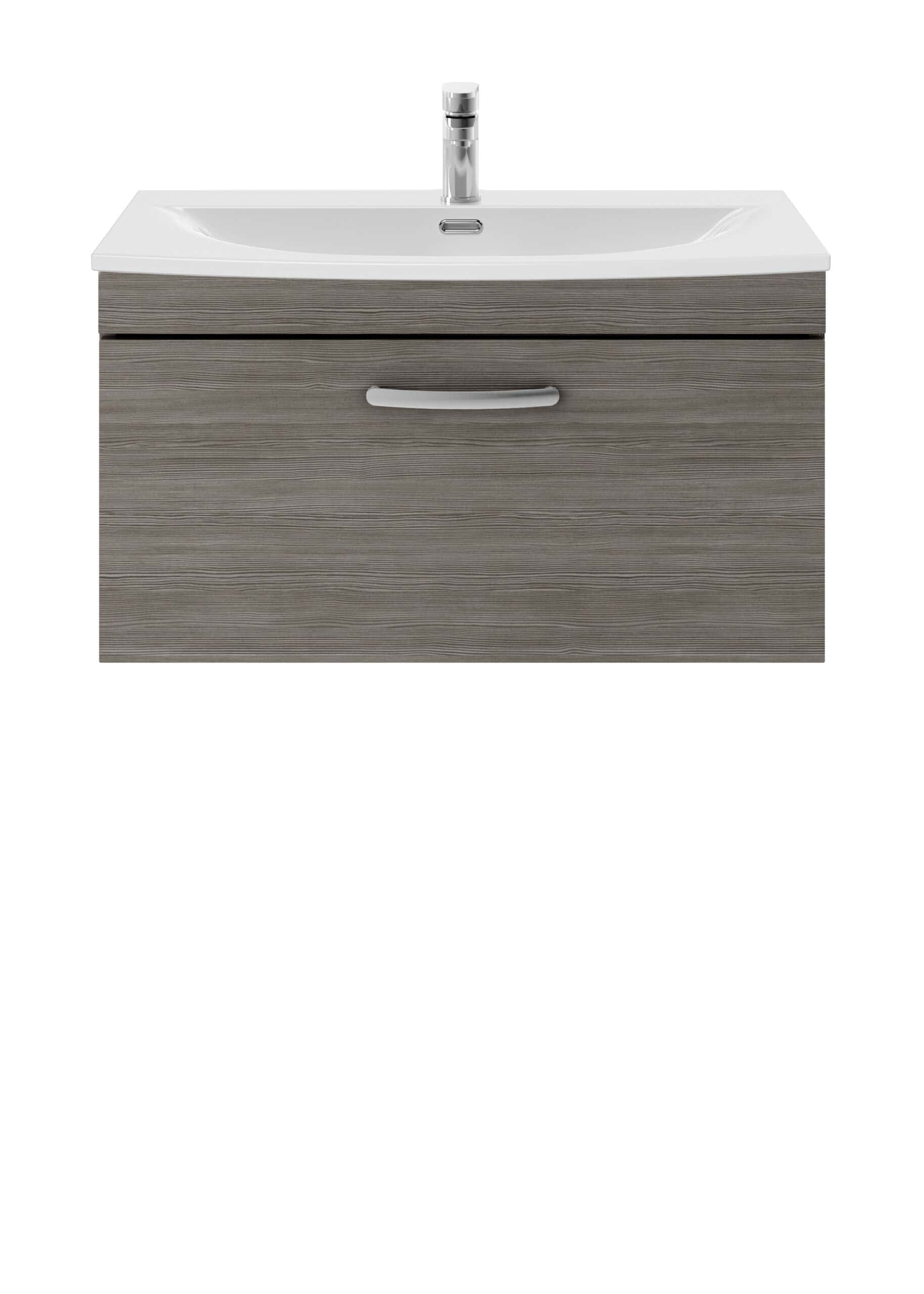 Sleek bathroom vanity unit with integrated ceramic sink and modern chrome tap, featuring a wood-effect finish for a contemporary look. Ideal for creating stylish, functional bathrooms and powder rooms.