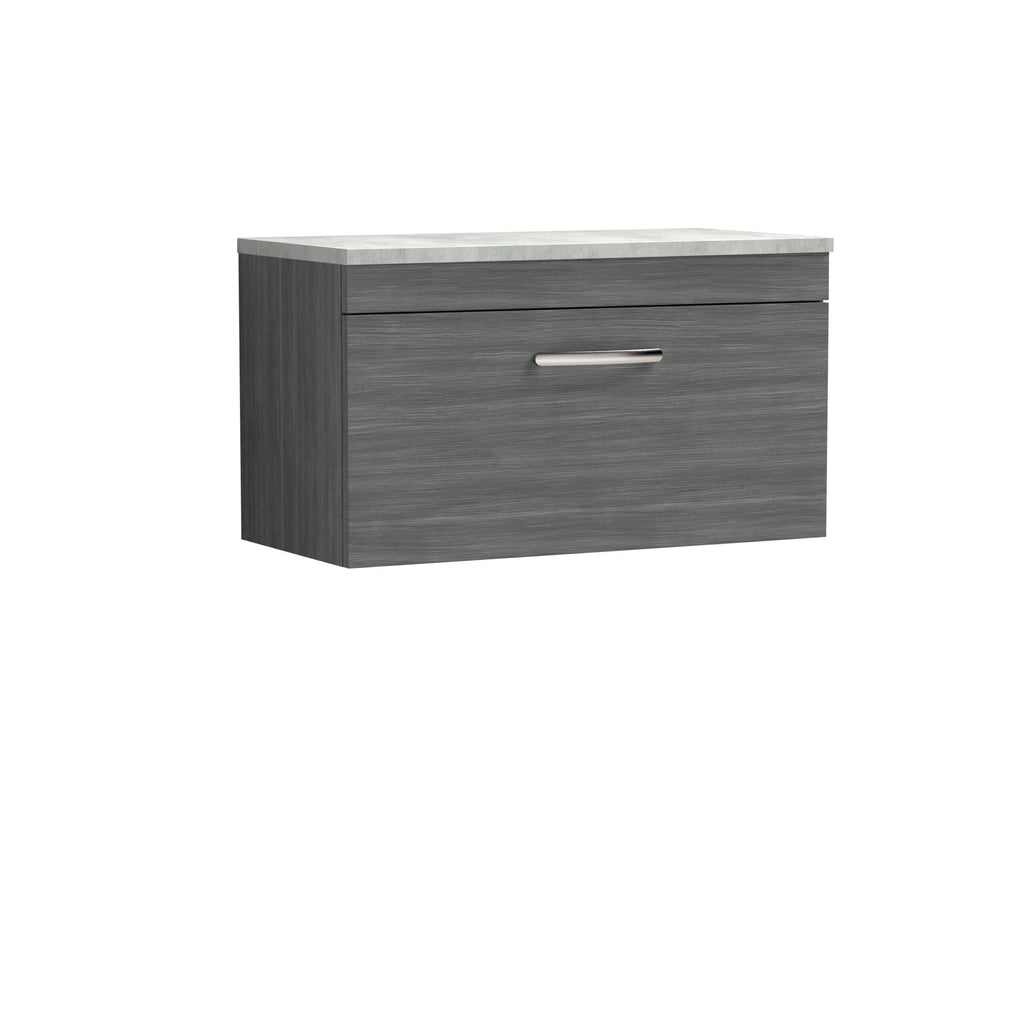Modern grey bathroom wall cabinet with a sleek aluminium handle and a durable marble-effect top, ideal for stylish bathroom storage solutions.