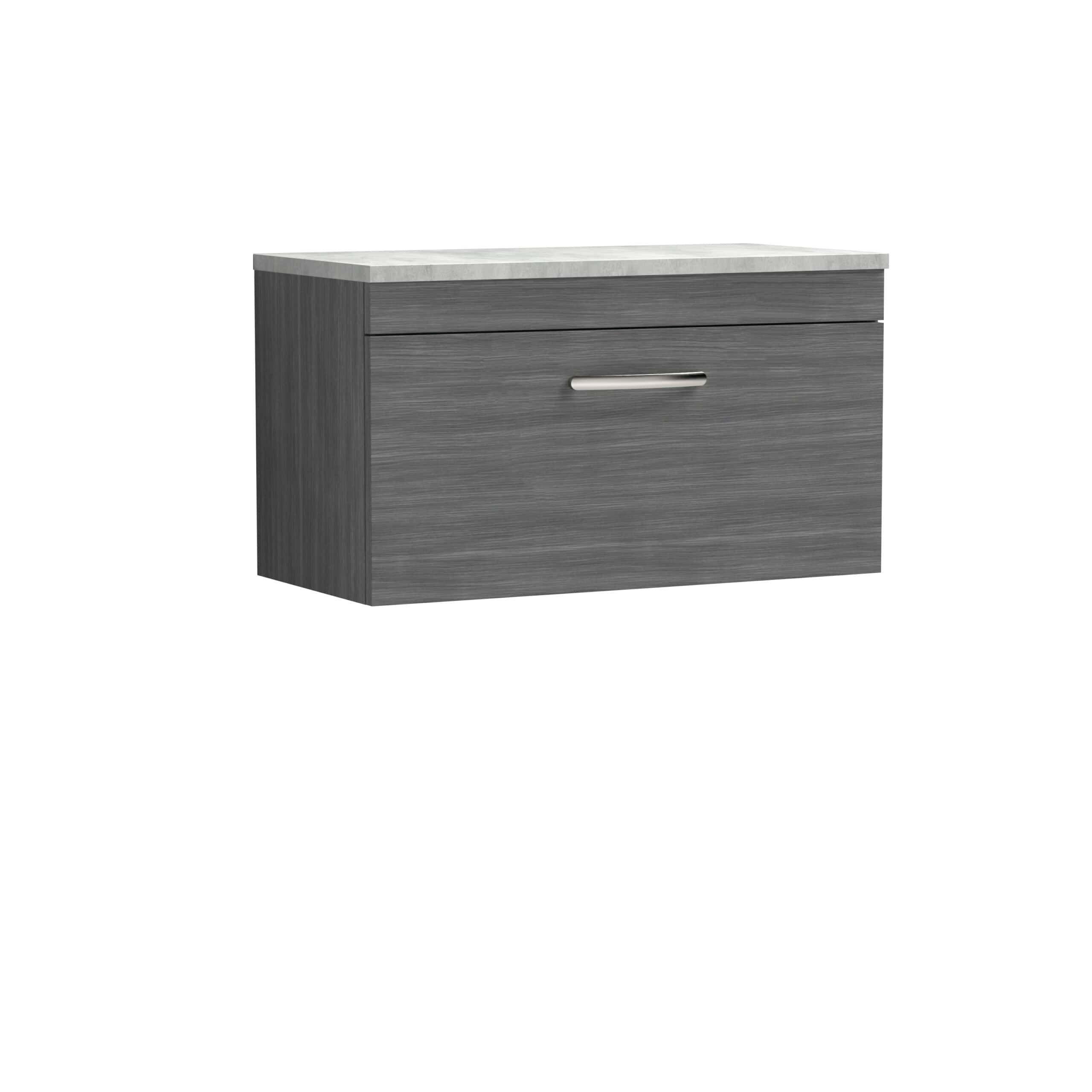 Modern grey bathroom wall cabinet with a sleek aluminium handle and a durable marble-effect top, ideal for stylish bathroom storage solutions.