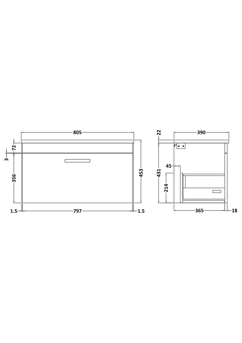 Modern bathroom vanity unit with sleek design and ample storage space, ideal for contemporary Bubly bathrooms. Features detailed measurements for perfect fitting and functionality.