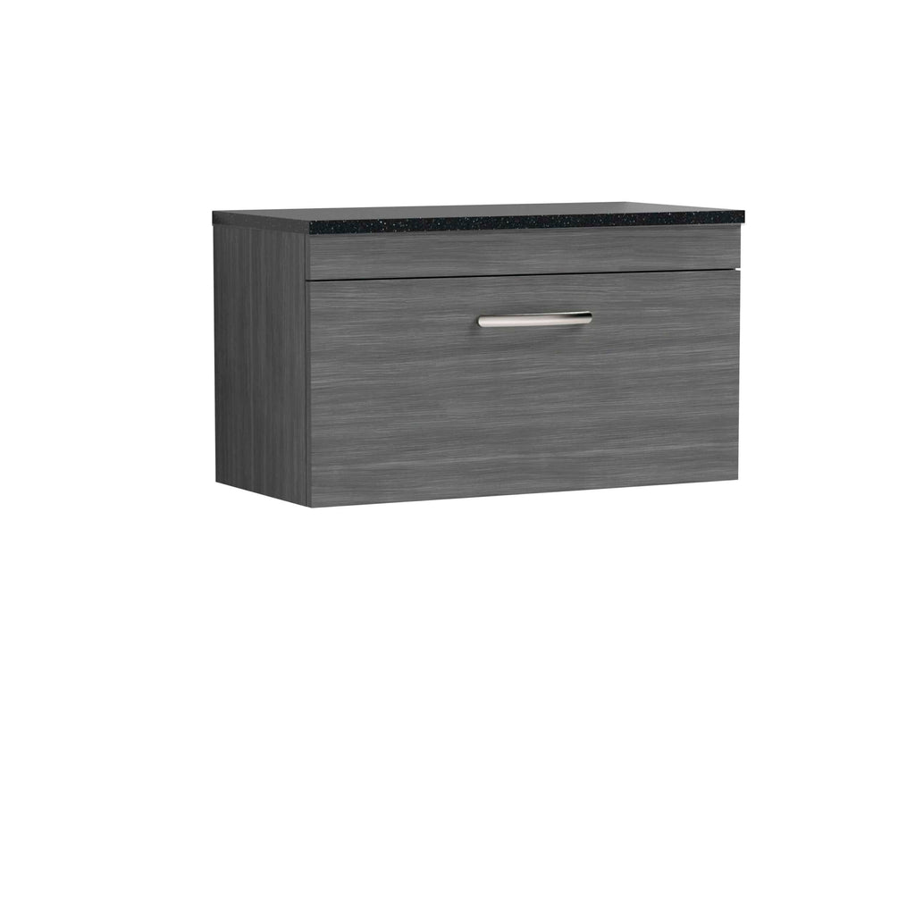 Sleek grey bathroom vanity with a black countertop and modern handle, ideal for contemporary bathroom design and storage solutions.