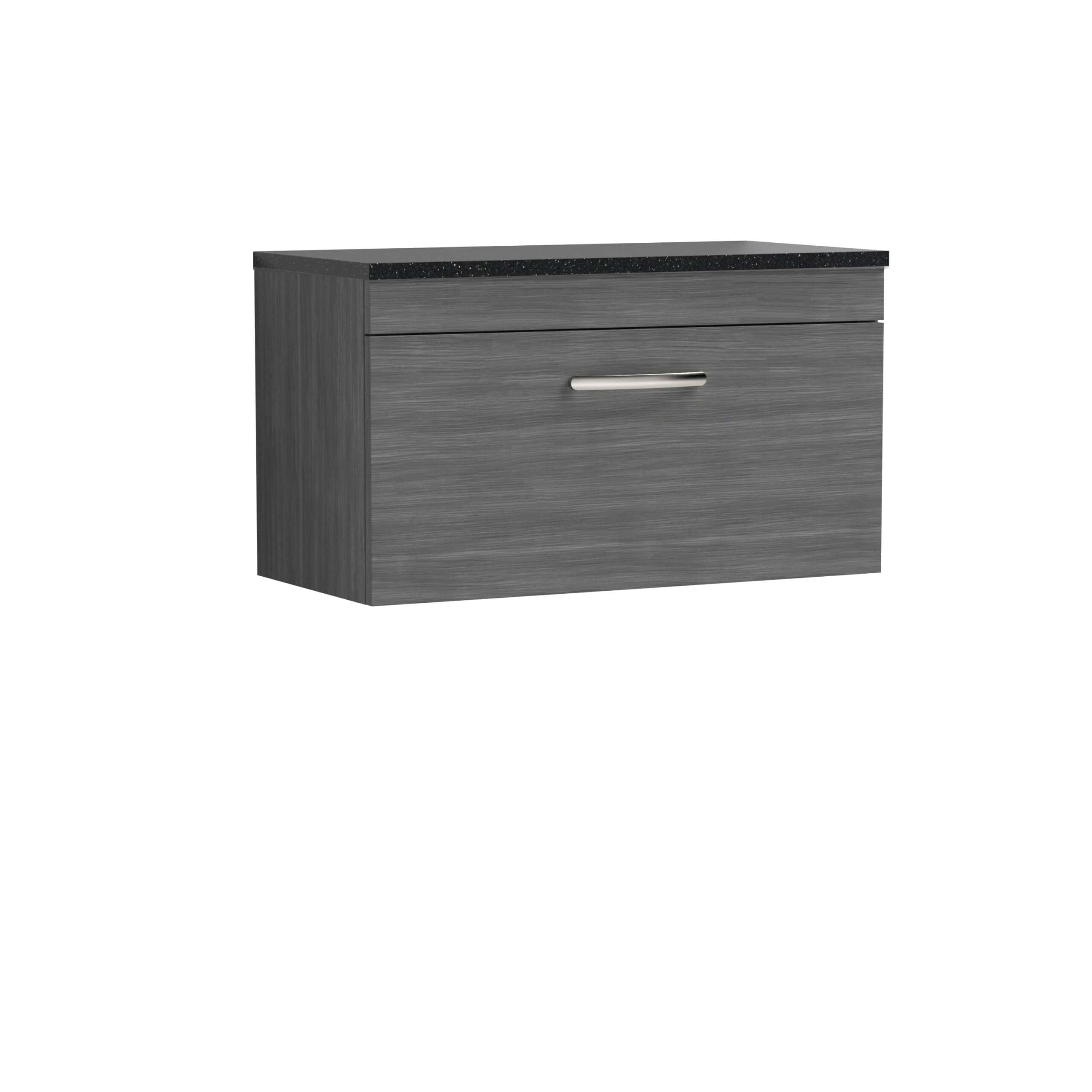 Sleek grey bathroom vanity with a black countertop and modern handle, ideal for contemporary bathroom design and storage solutions.