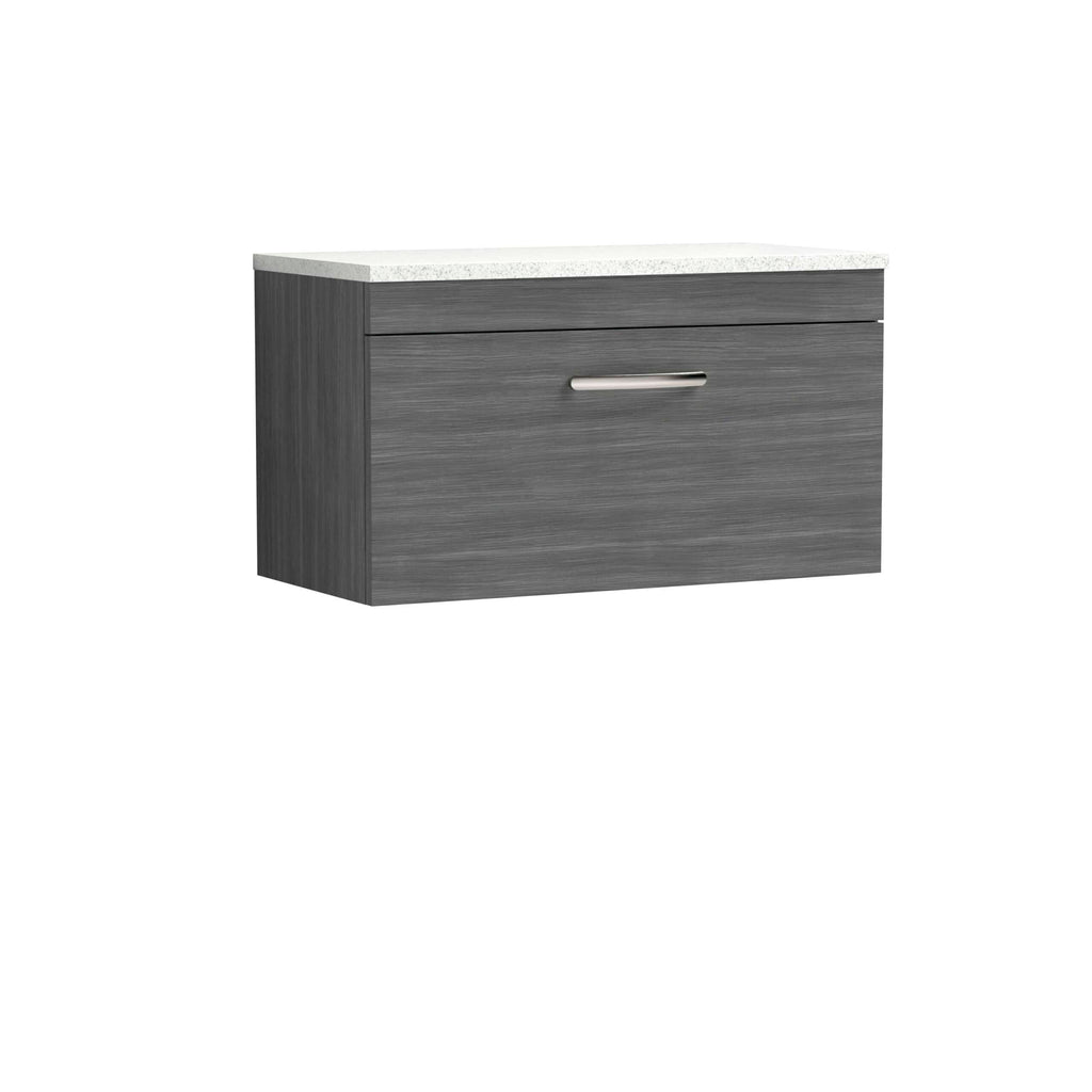 Sleek grey bathroom vanity unit with a white stone-effect countertop, modern handle, and ample storage space for contemporary bathroom design.