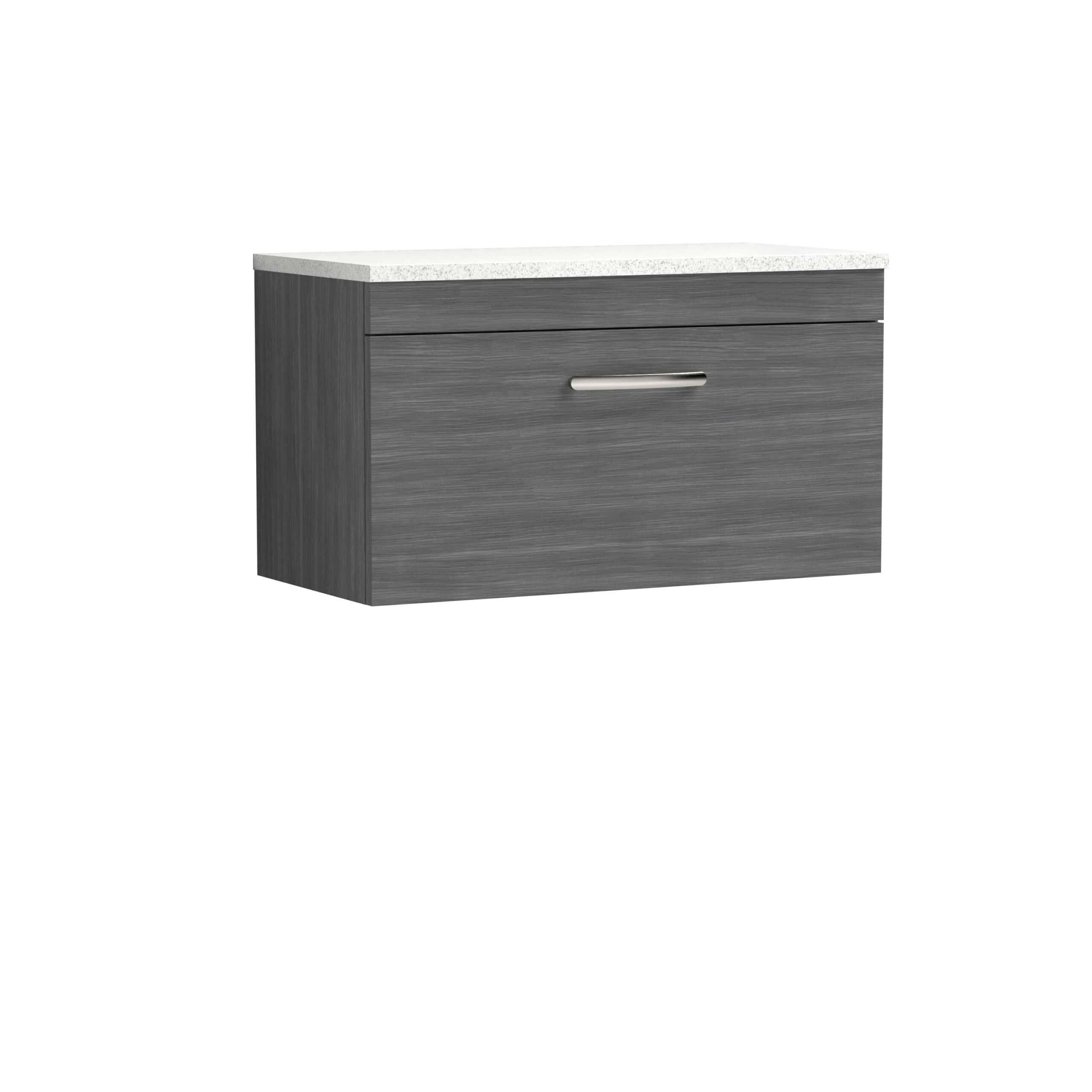 Sleek grey bathroom vanity unit with a white stone-effect countertop, modern handle, and ample storage space for contemporary bathroom design.
