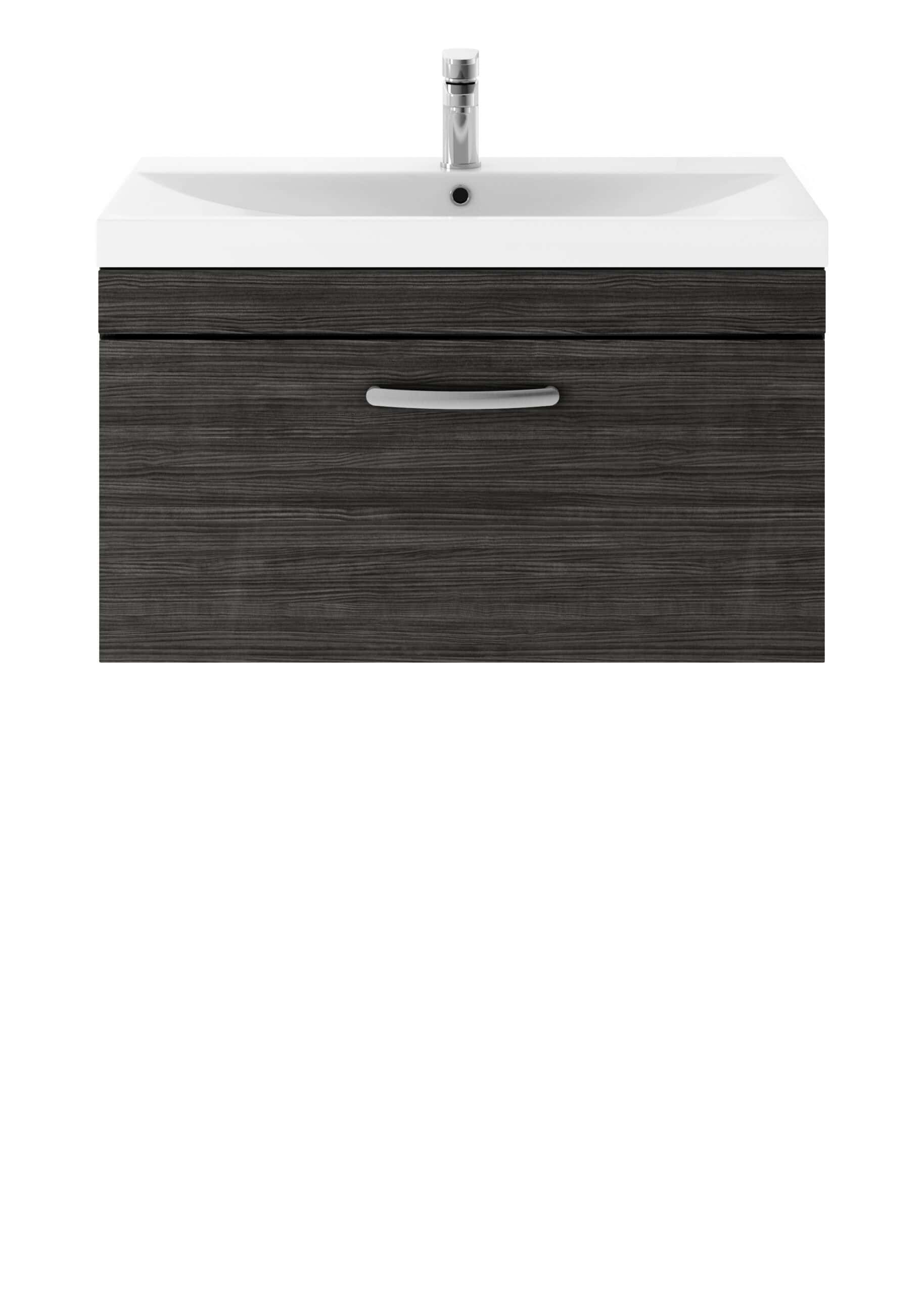 Sleek bathroom vanity unit with integrated sink and modern chrome tap, featuring dark wood-effect cabinetry for stylish bathroom storage and washbasin solution.