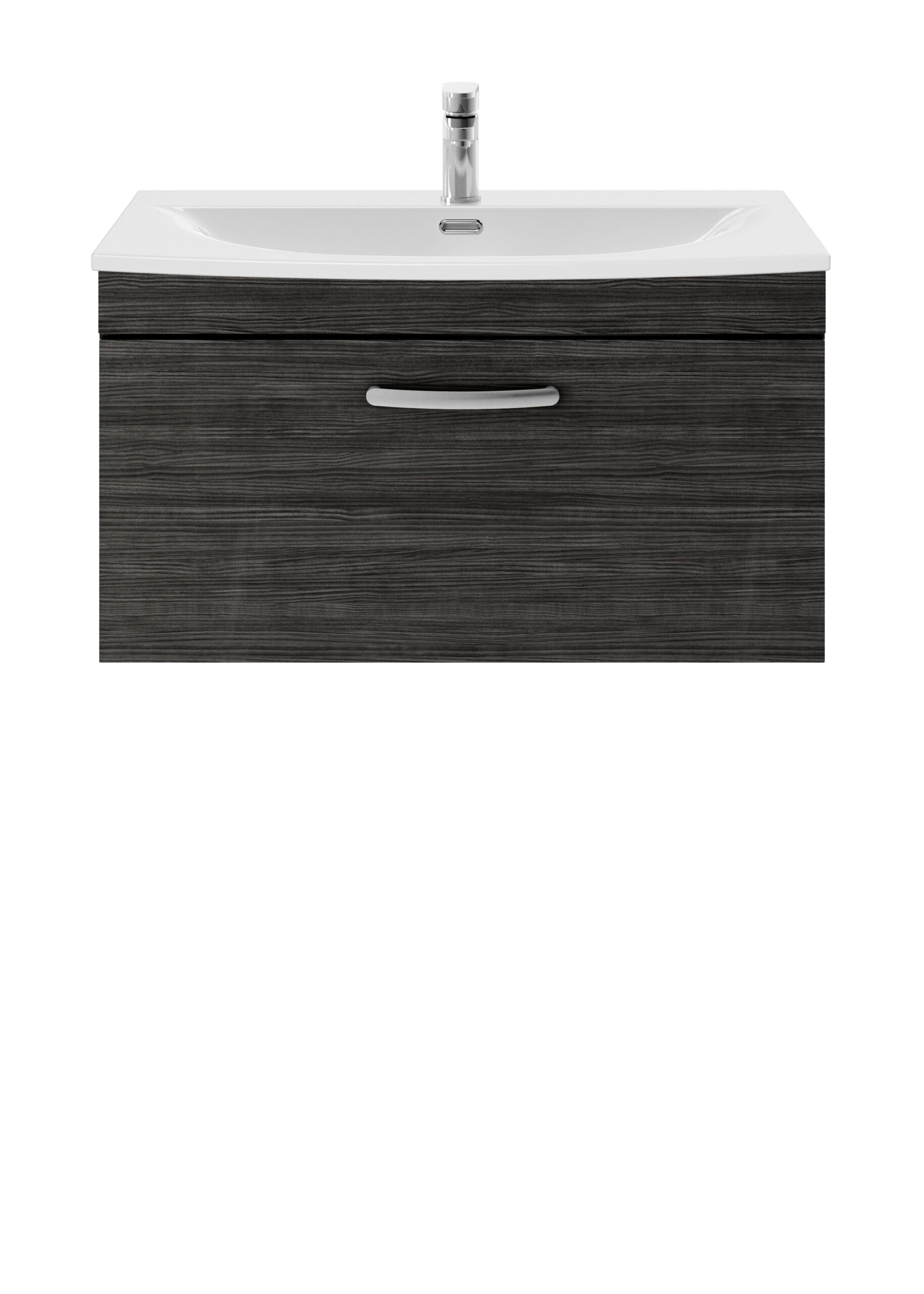 Modern bathroom vanity unit with a sleek black wood finish, integrated sink, and chrome handle, perfect for contemporary bathroom renovation.