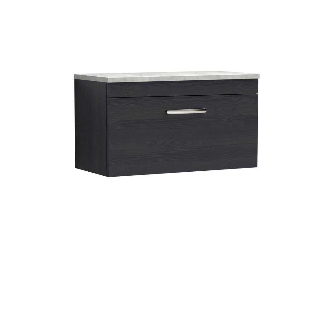 Modern black bathroom vanity with a sleek handle and a marble countertop - perfect for stylish bathroom storage solutions.