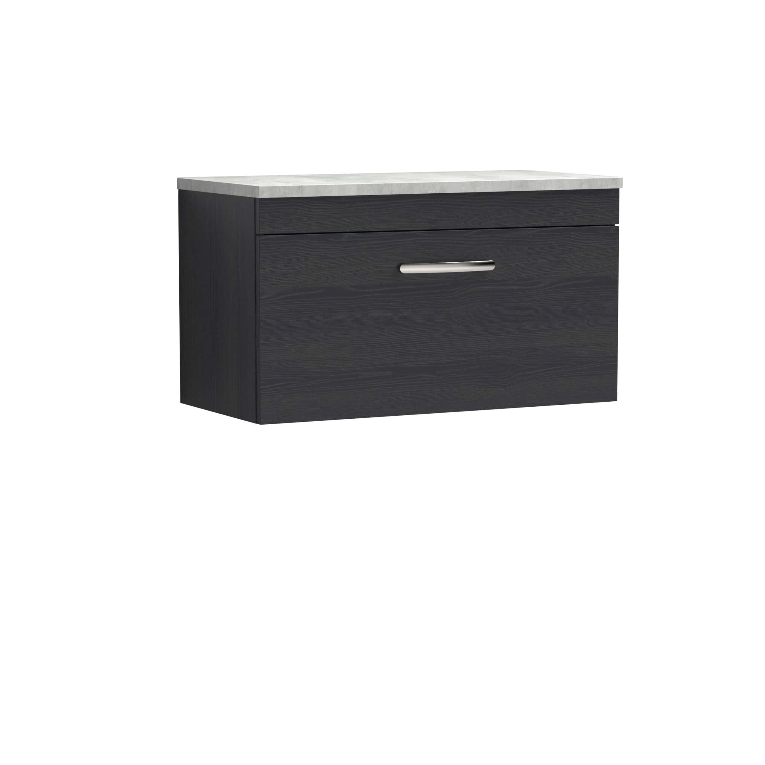 Modern black bathroom vanity with a sleek handle and a marble countertop - perfect for stylish bathroom storage solutions.