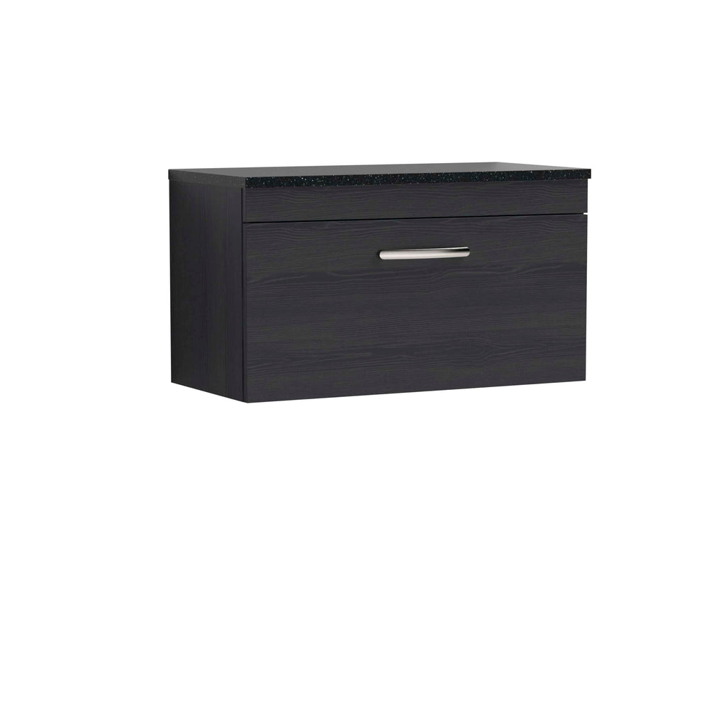 Modern black bathroom vanity with sleek drawer handle and black granite countertop, ideal for contemporary bathroom designs. Perfect storage solution for bathroom essentials.