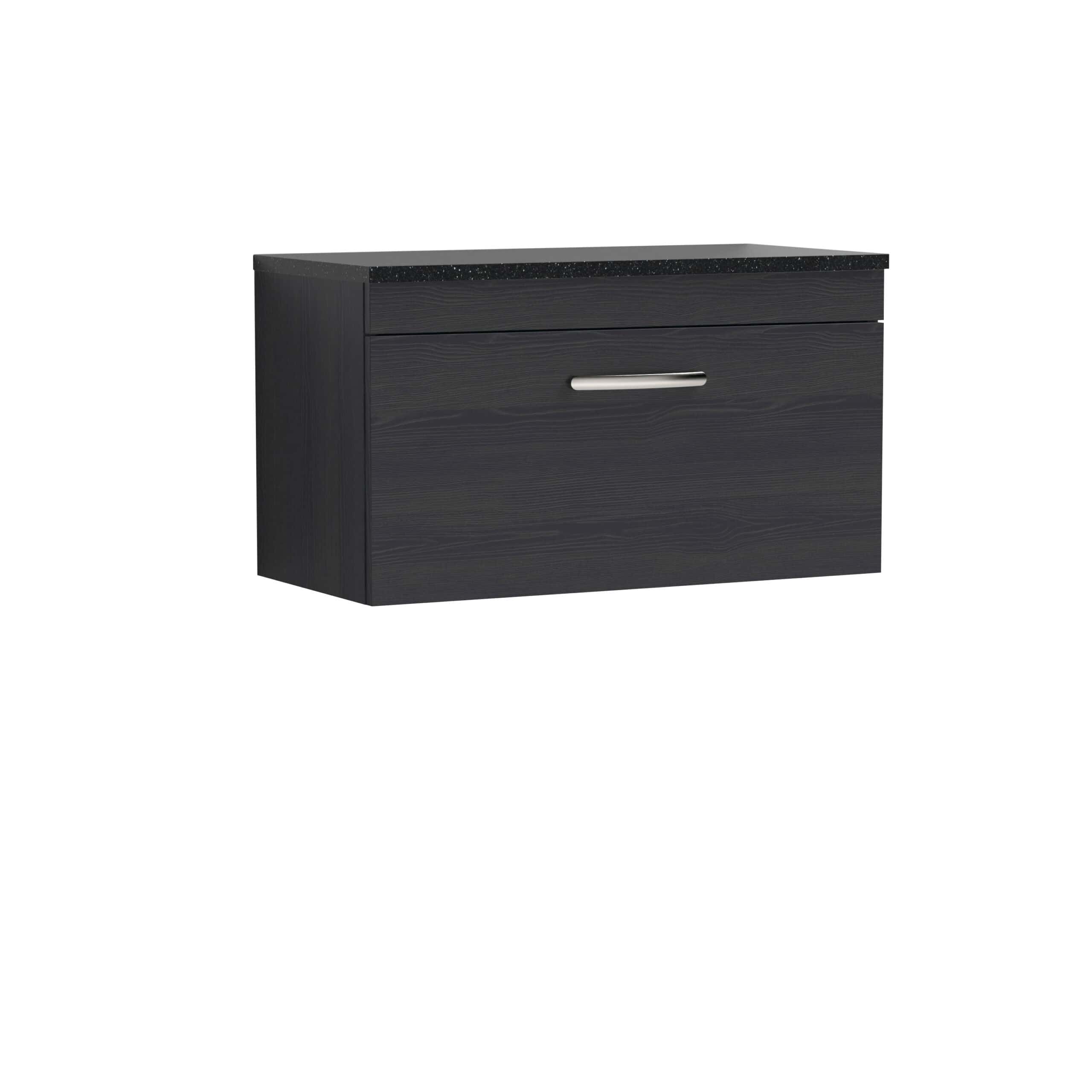 Modern black bathroom vanity with sleek drawer handle and black granite countertop, ideal for contemporary bathroom designs. Perfect storage solution for bathroom essentials.