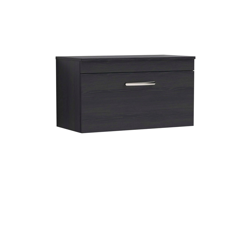 Sleek black bathroom vanity unit with a modern handle, ideal for contemporary bathrooms and storage solution.