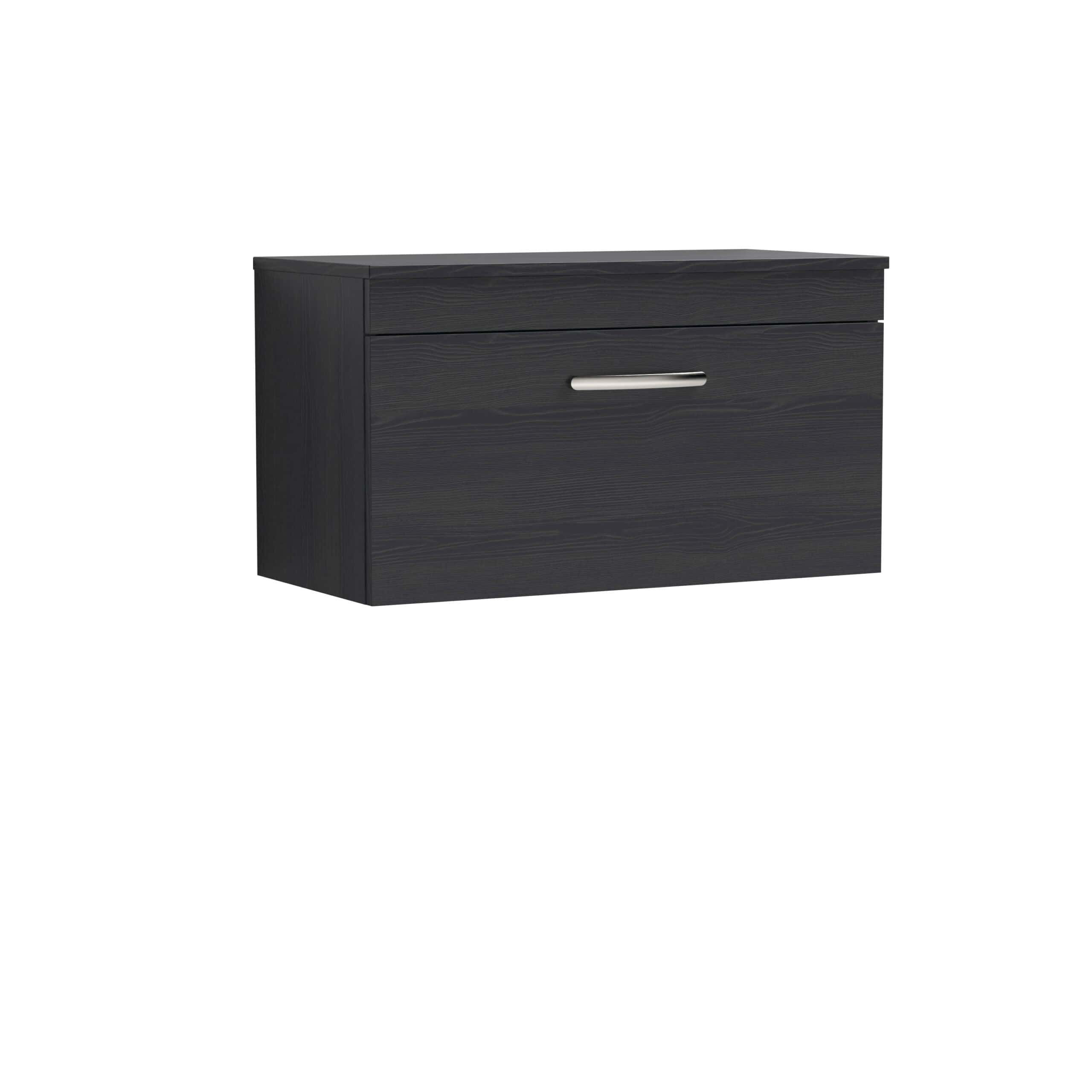 Sleek black bathroom vanity unit with a modern handle, ideal for contemporary bathrooms and storage solution.