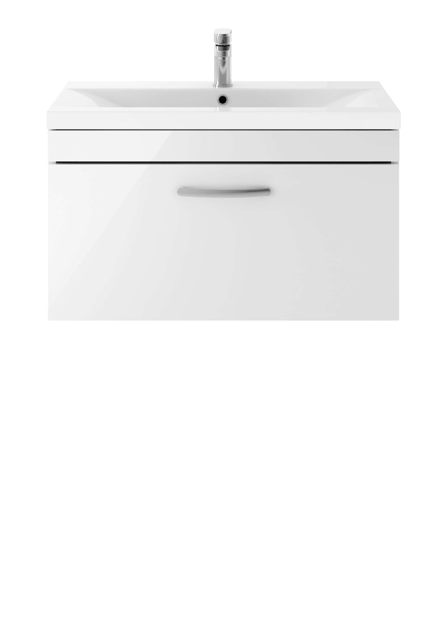 White bathroom vanity with integrated sink and chrome faucet, modern design.
