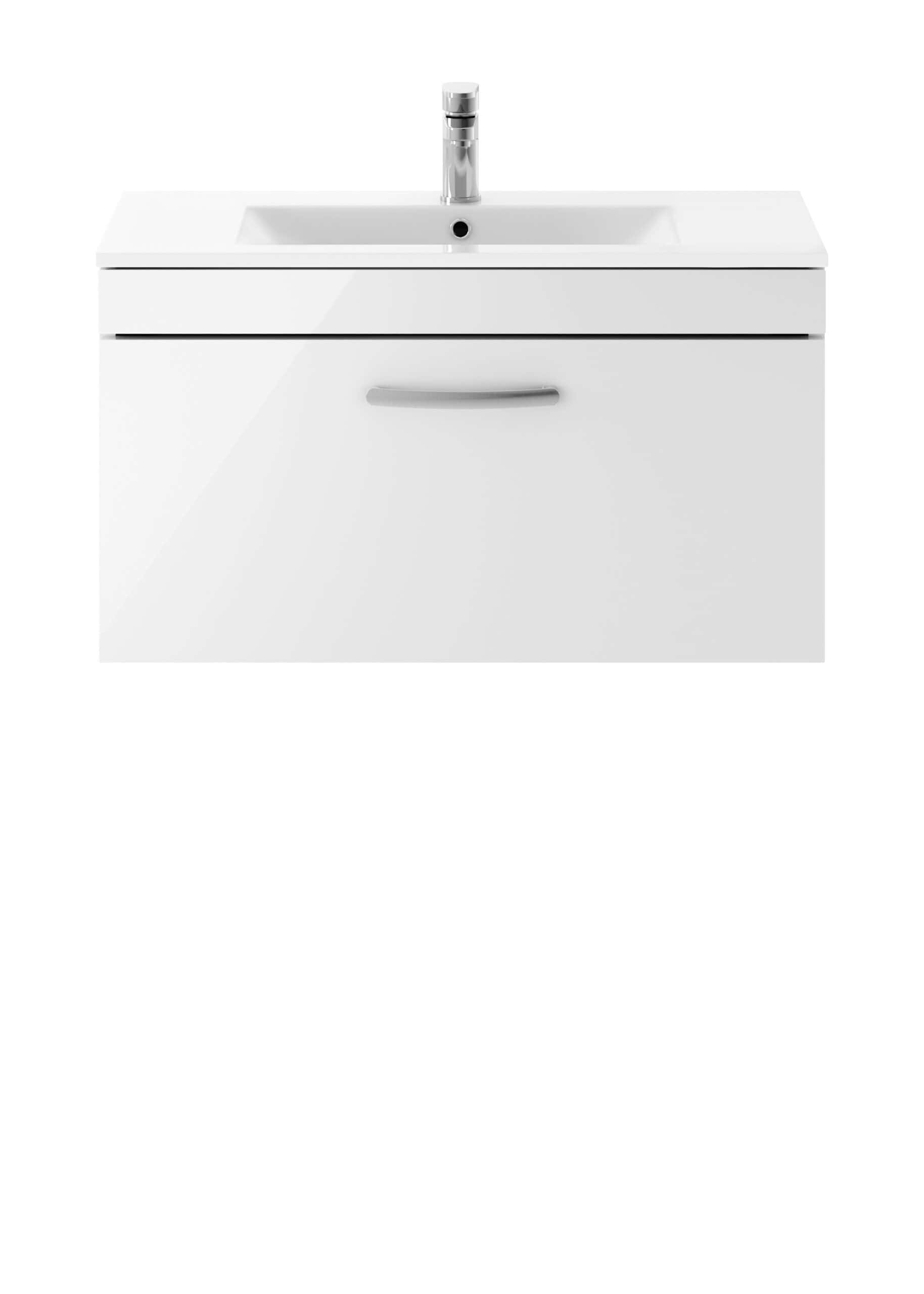 White bathroom vanity with integrated sink and storage, modern design with sleek handle, suitable for contemporary bathrooms.