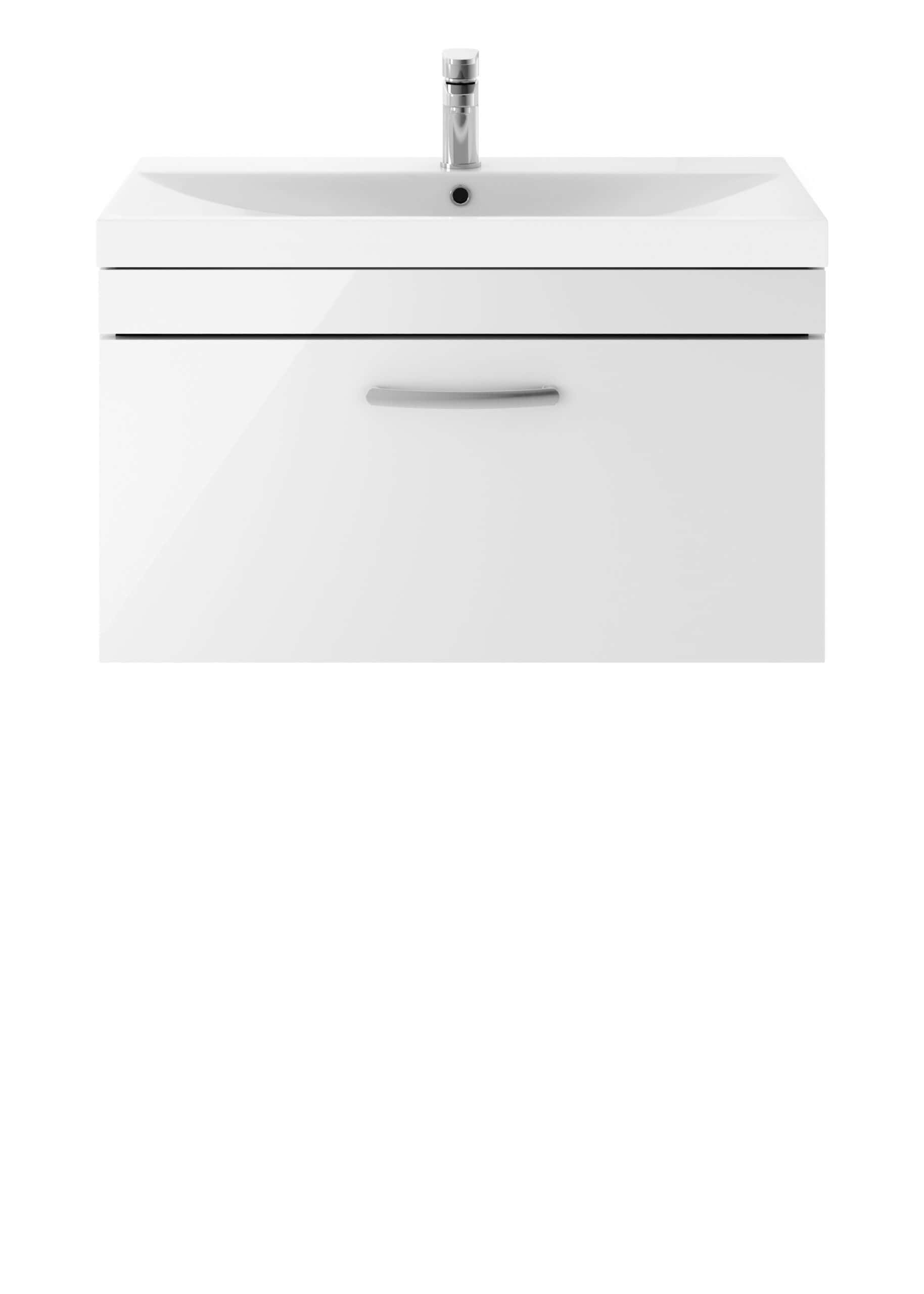 Modern white bathroom vanity with integrated basin and chrome tap, ideal for contemporary bathroom decor.