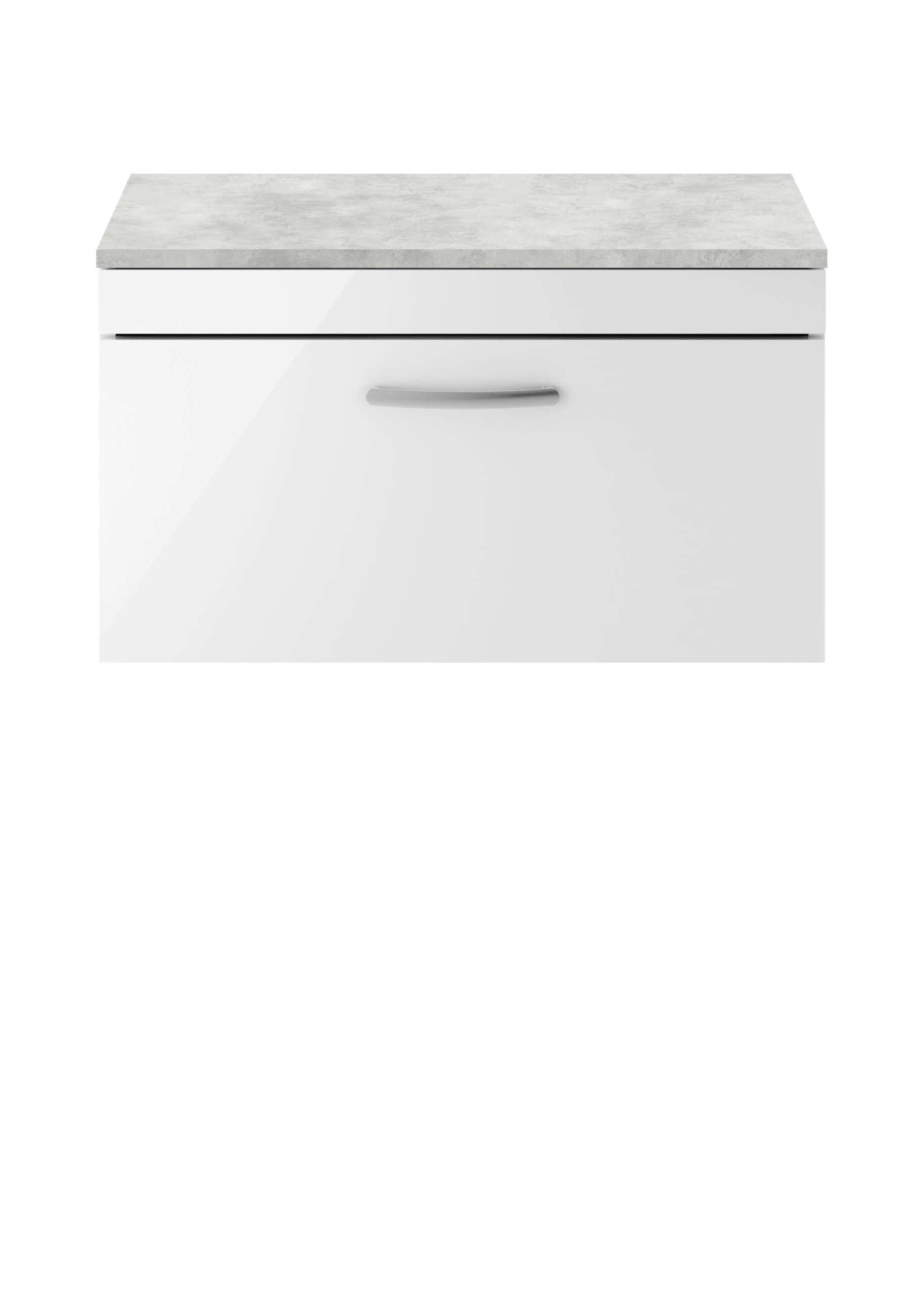 White bathroom vanity unit with a grey stone countertop, modern design, and sleek handle, ideal for contemporary bathroom decor and storage solutions.