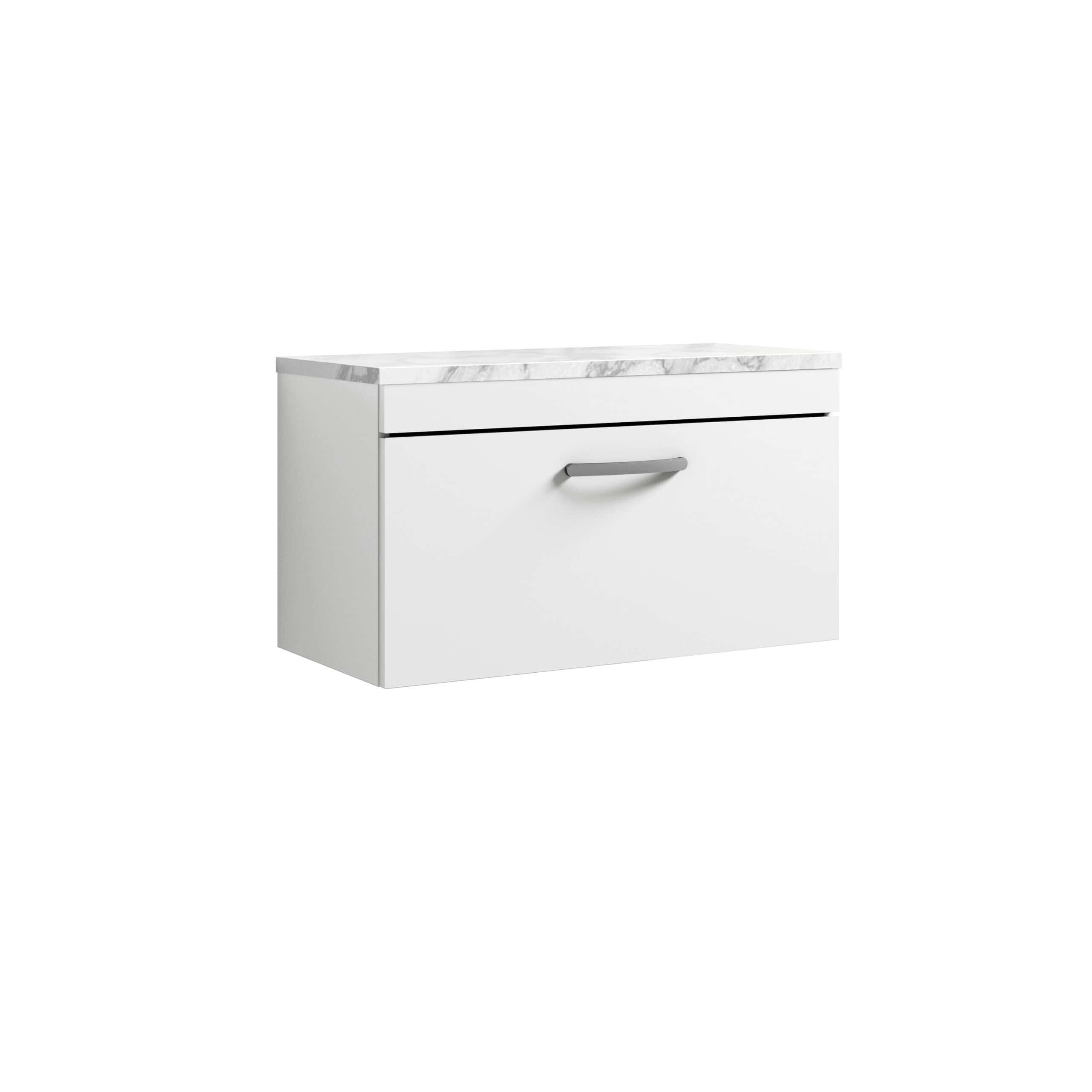 Modern white bathroom vanity with marble countertop and sleek handle for stylish bathroom storage. Perfect for contemporary bathroom designs and maximise space efficiency.