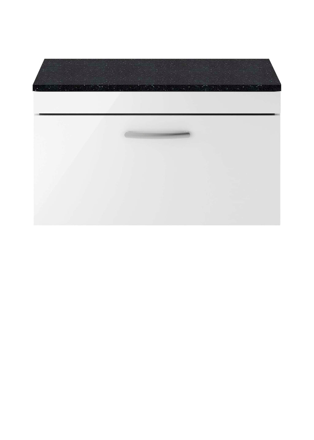 White bathroom vanity with a black granite countertop for modern bathroom decor.