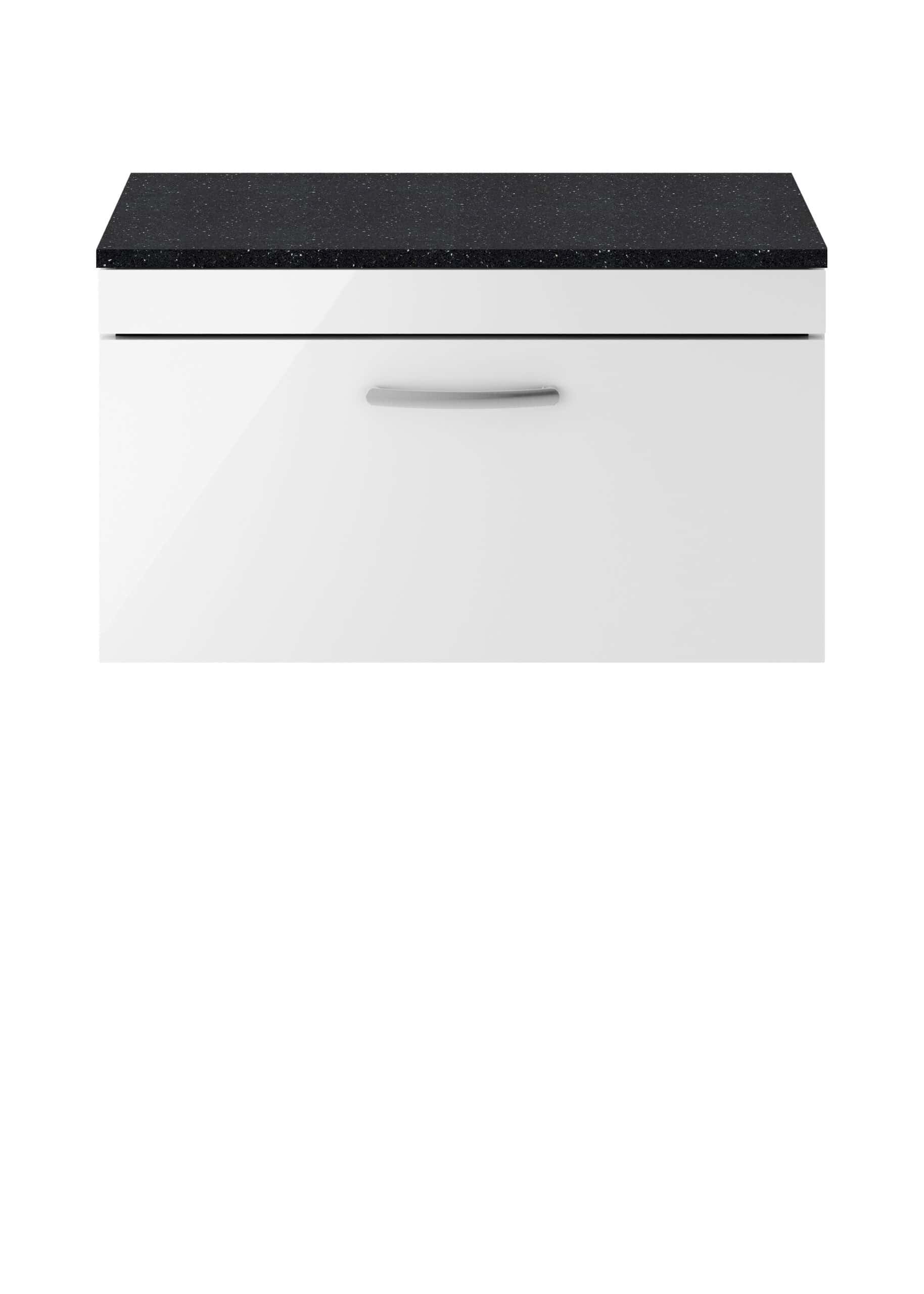 White bathroom vanity with a black granite countertop for modern bathroom decor.