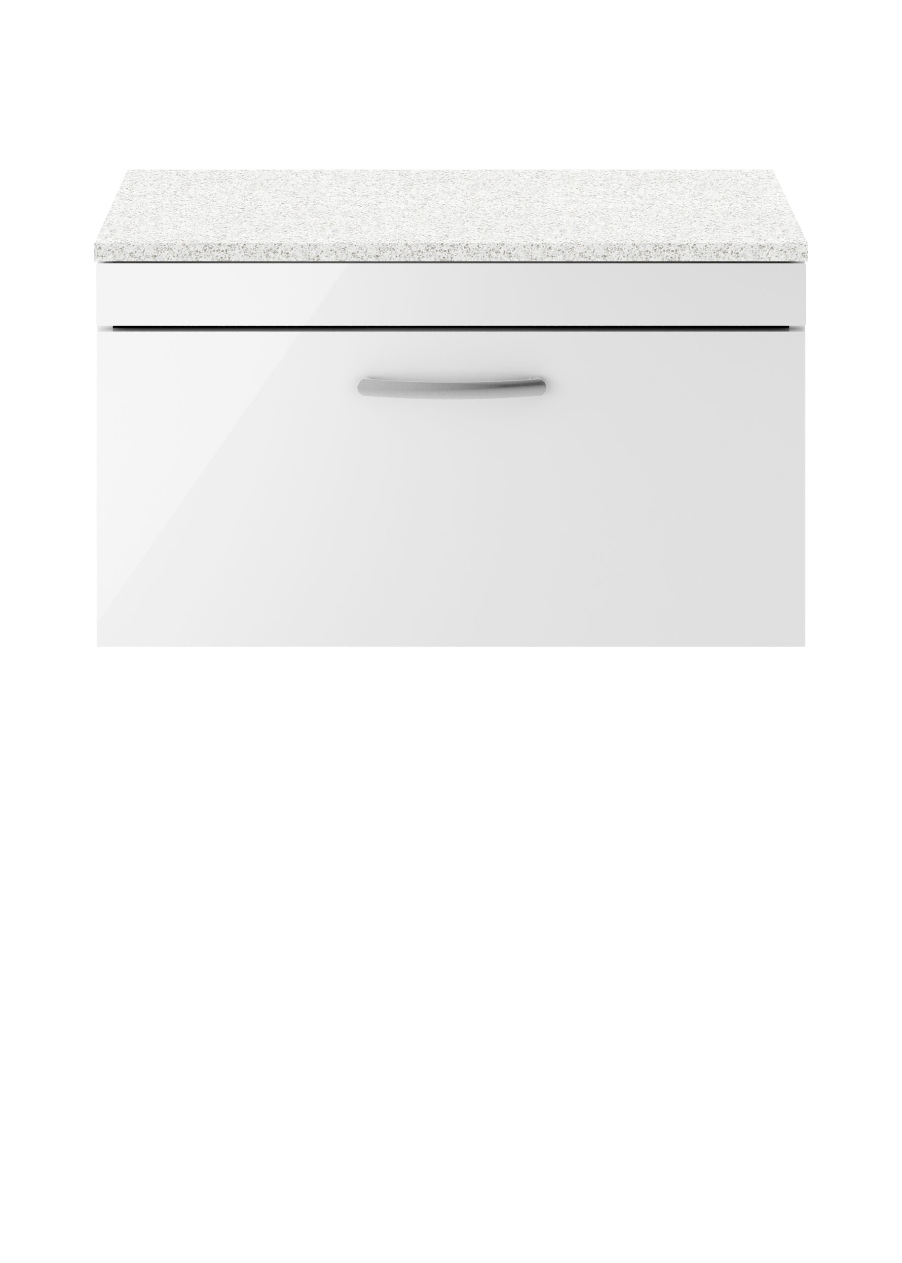 White bathroom vanity unit with a grey granite countertop, ideal for modern bathroom storage and design.