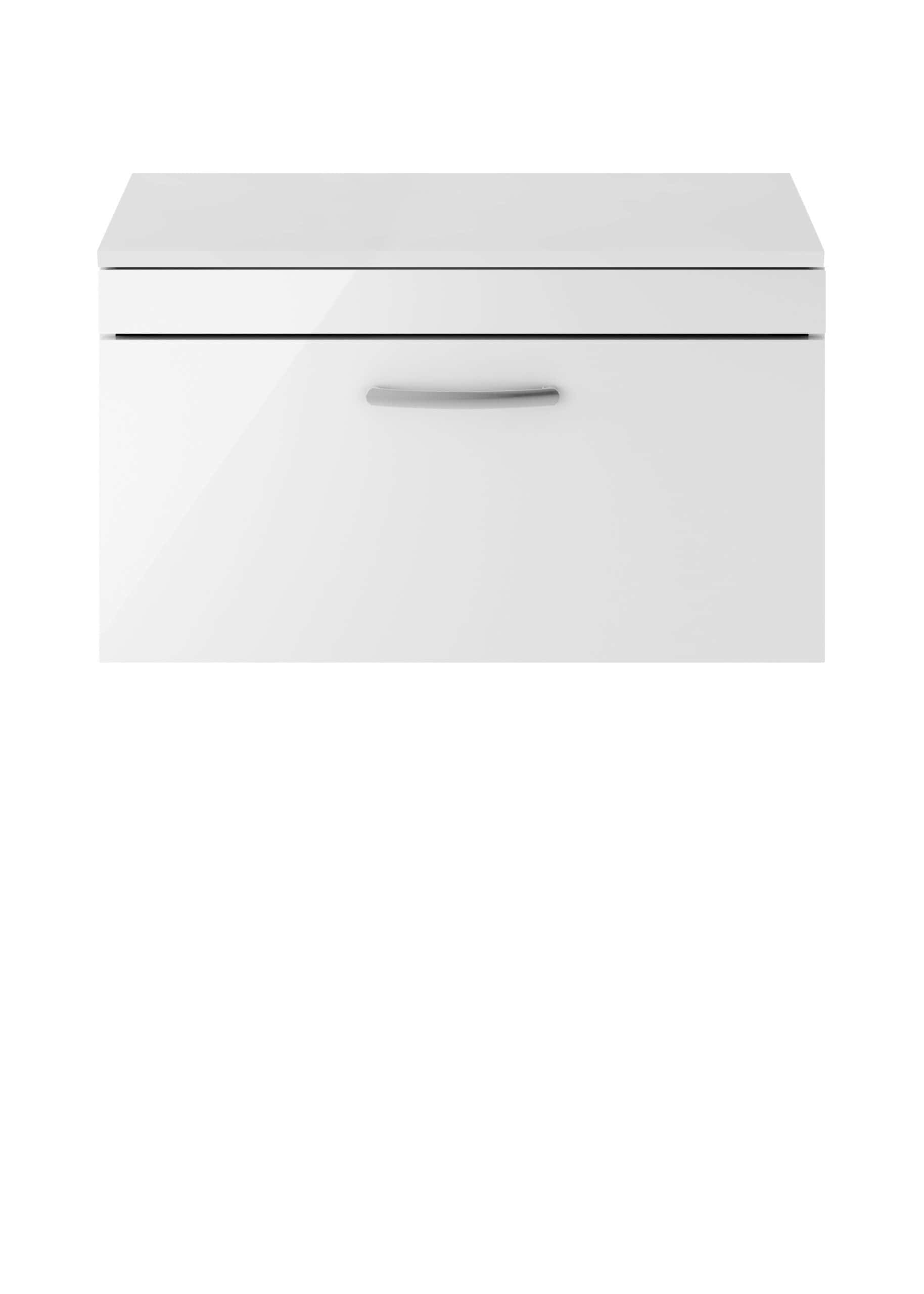 White bathroom storage unit with sleek handle design for modern bathroom organisation.